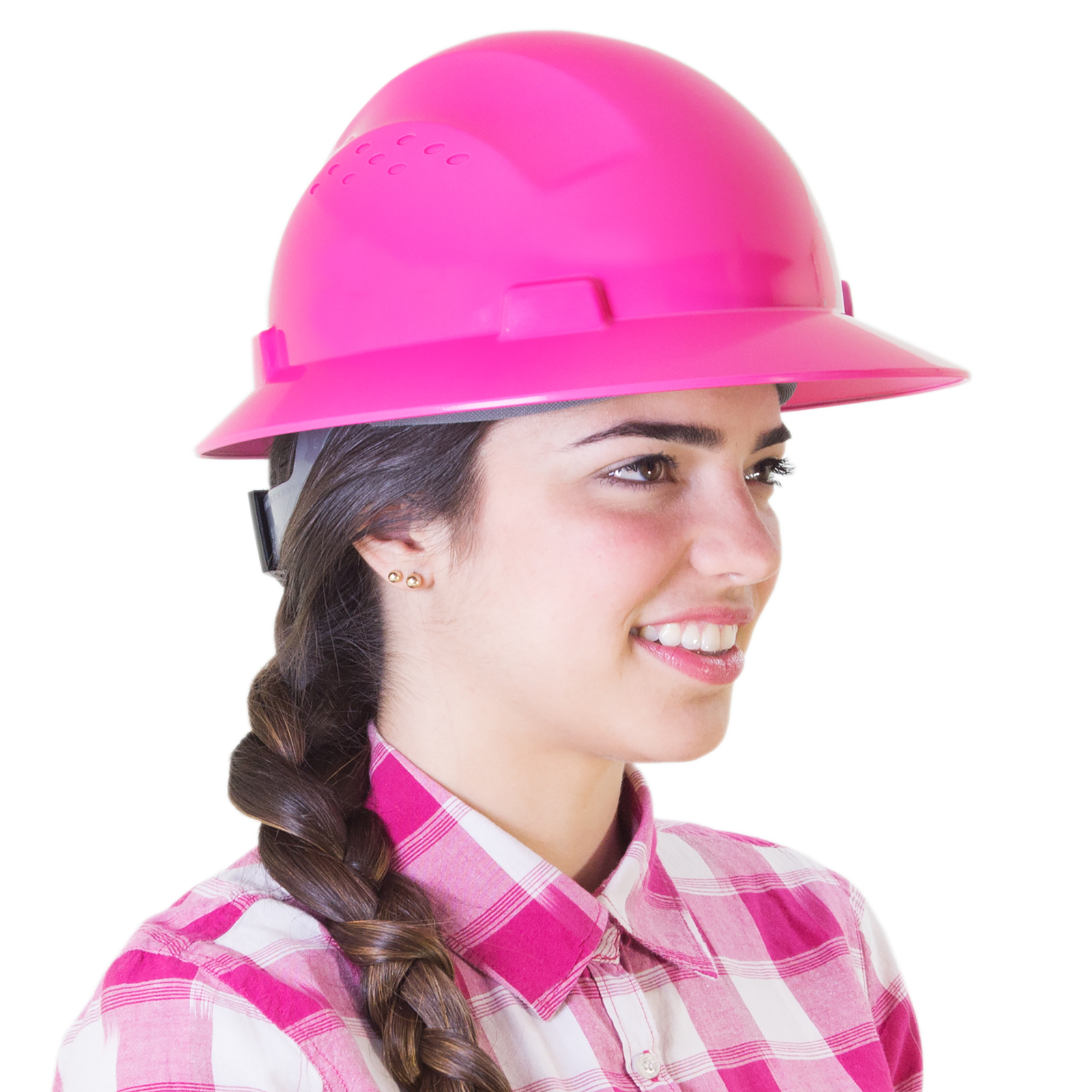 Lady wearing the full brim safety hard hat with 4 point suspension and wheel ratchet adjustment
