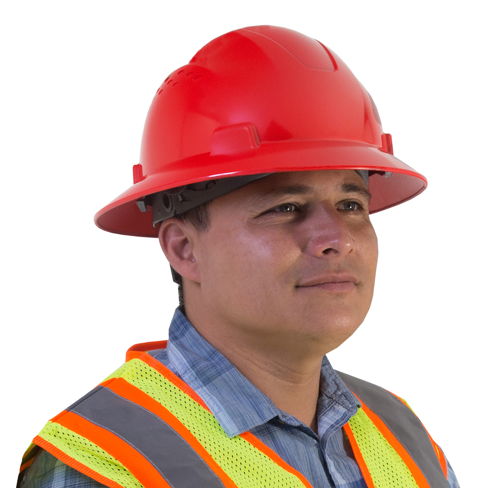 A man wearing a JORESTECH full brim red hard hat and a hi-vis lime and orange vest over white background