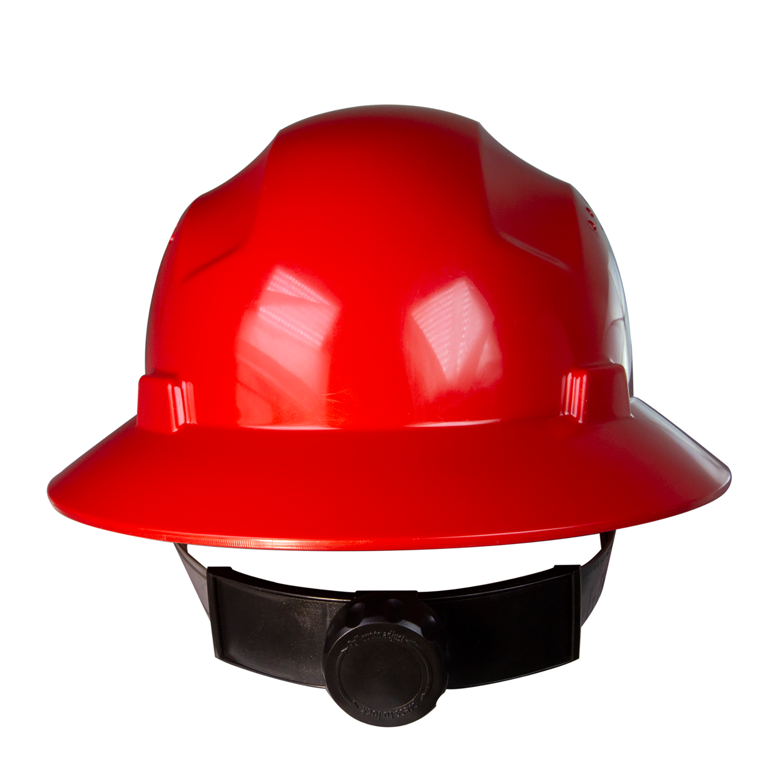 Full brim red safety hard hat with 4 point suspension and  black ratchet