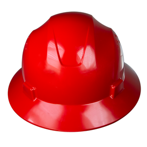 ANSI compliant full brim red safety hard hat for head protection with 4 point suspension