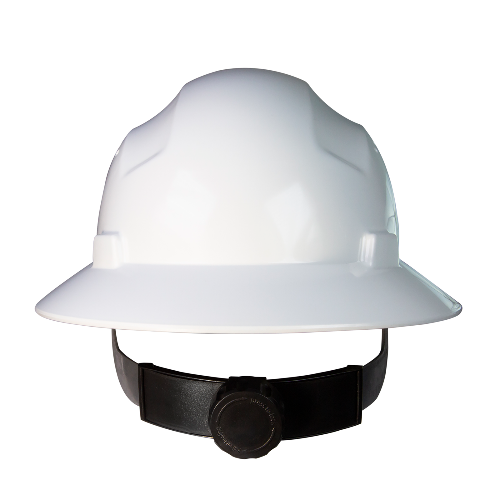 Full brim white safety hard hat with 4 point suspension and black ratchet