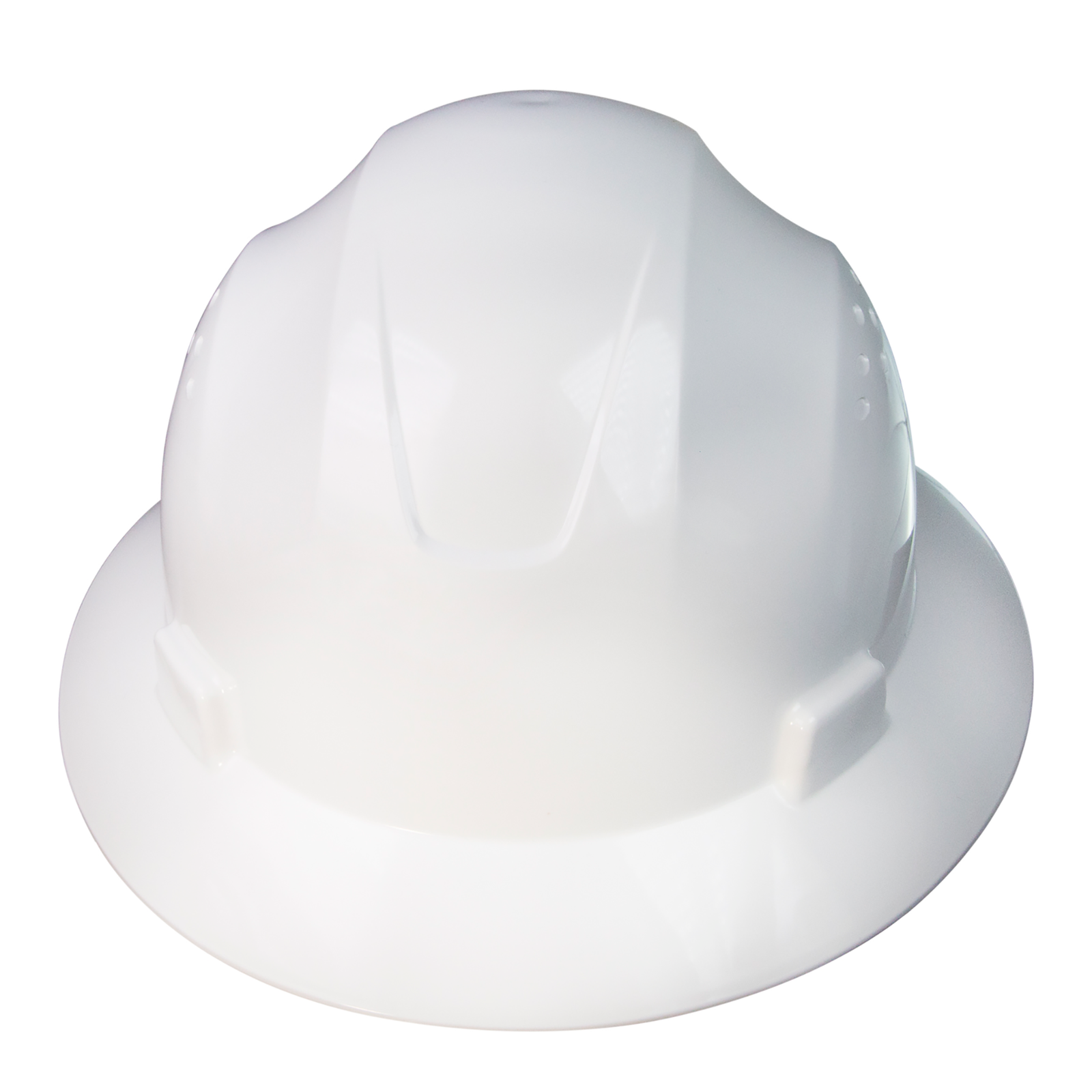 Front view of a JORESTECH full brim white safety hard hat with 4 point suspension