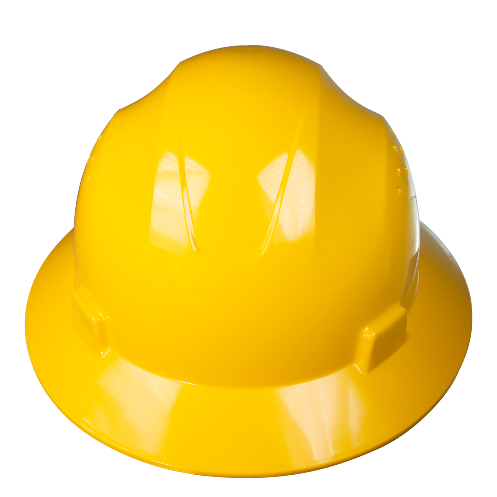 Front view of a JORESTECH full brim yellow safety hard hat with 4 point suspension