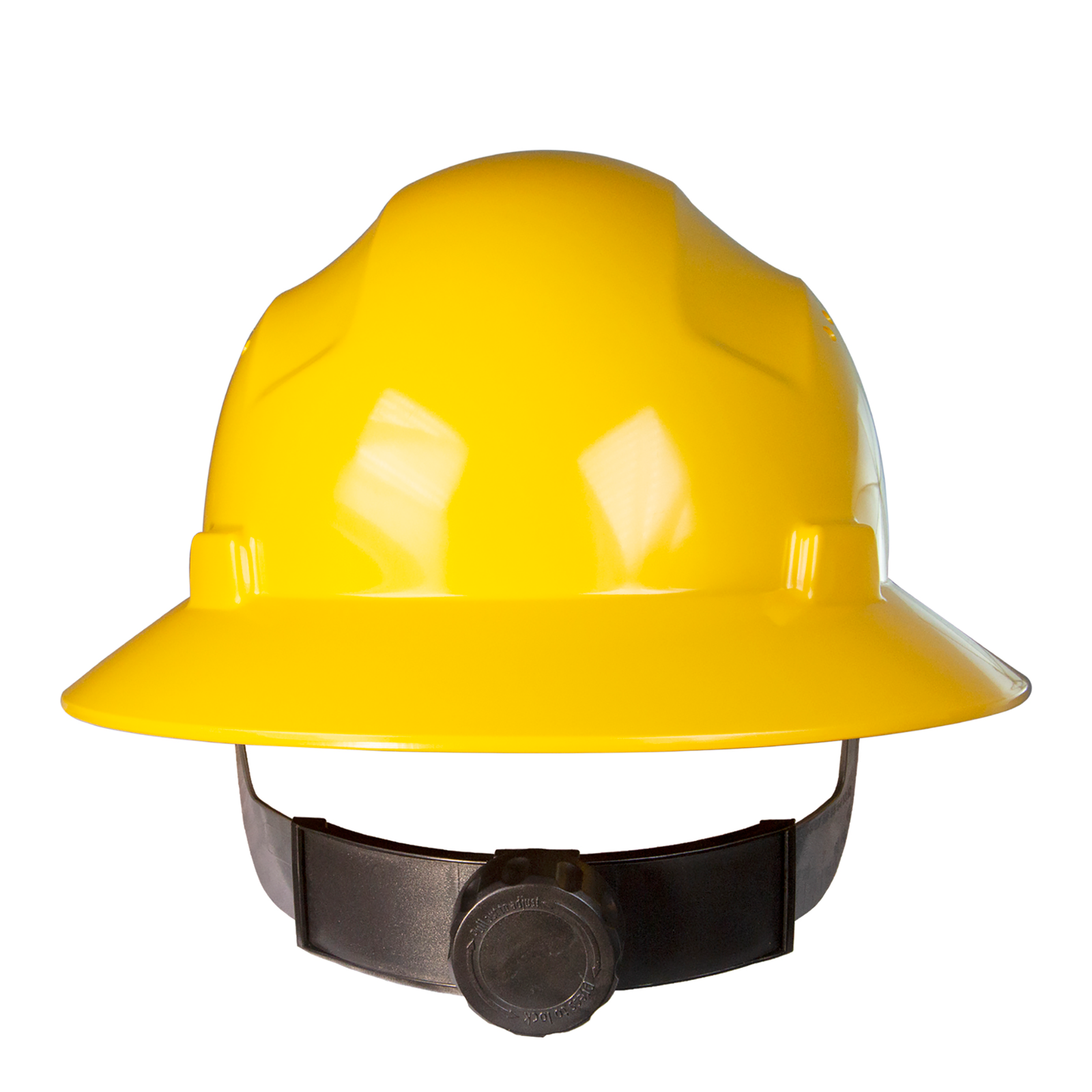 Full brim yellow safety hard hat with 4 point suspension and black ratchet