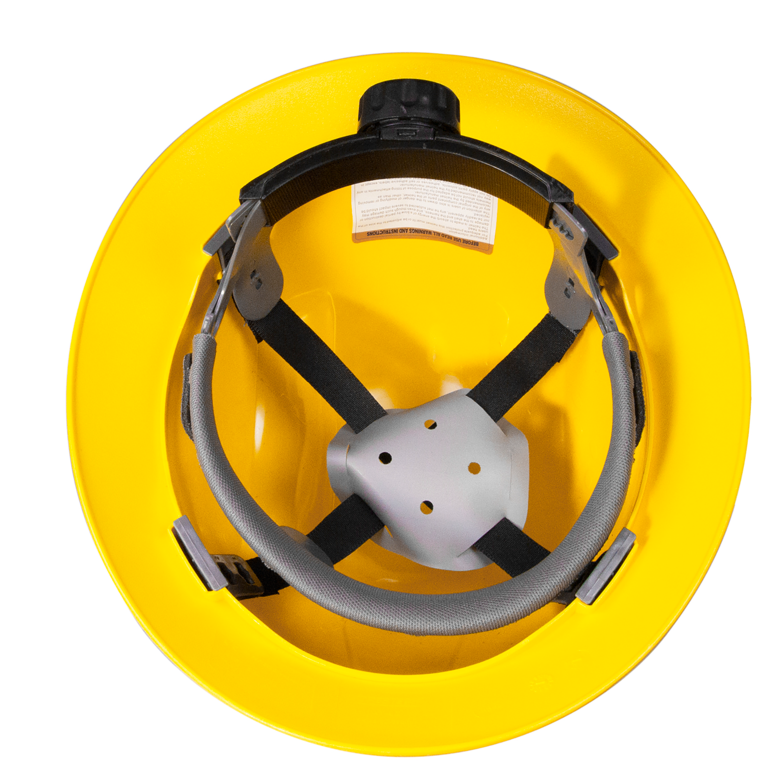 Showing the inside part of the JORESTECH safety hard hat, the ratchet and the 4 points suspension installed