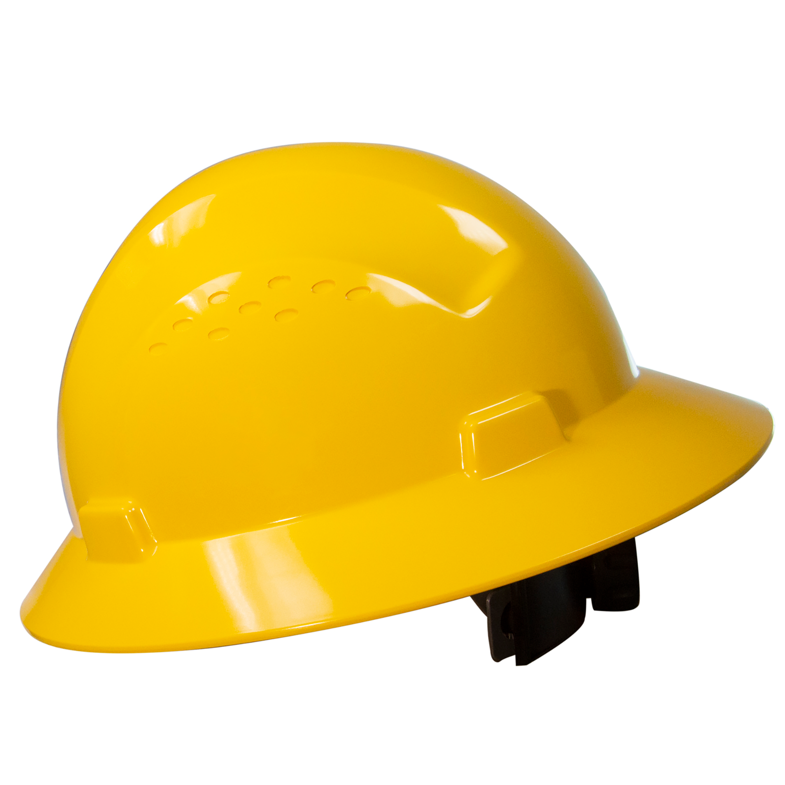 A JORESTECH full brim yellow safety hard hat with 4 point suspension Type I Class C, E, G