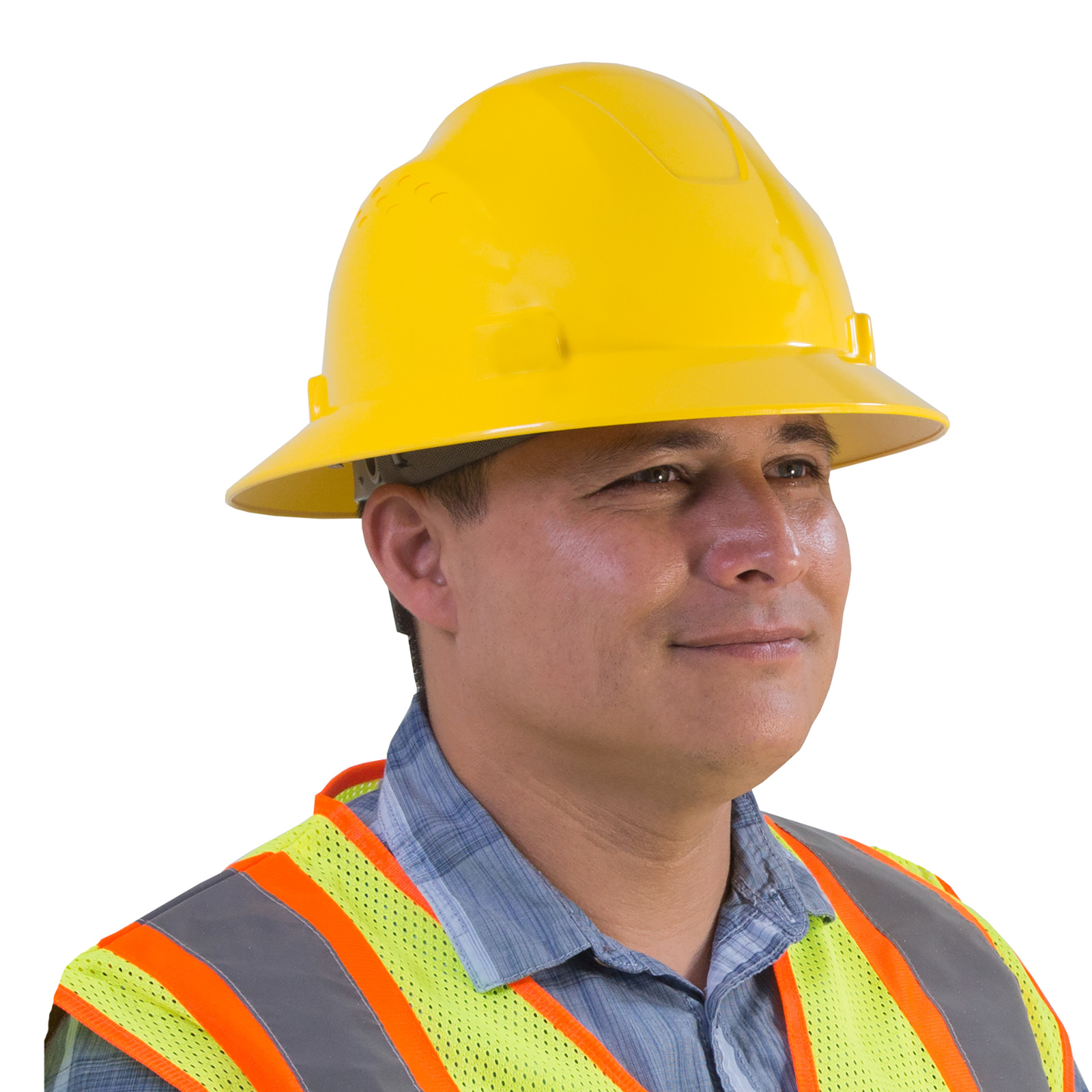 A man wearing a JORESTECH full brim yellow hard hat and a hi-vis lime and orange vest over white background