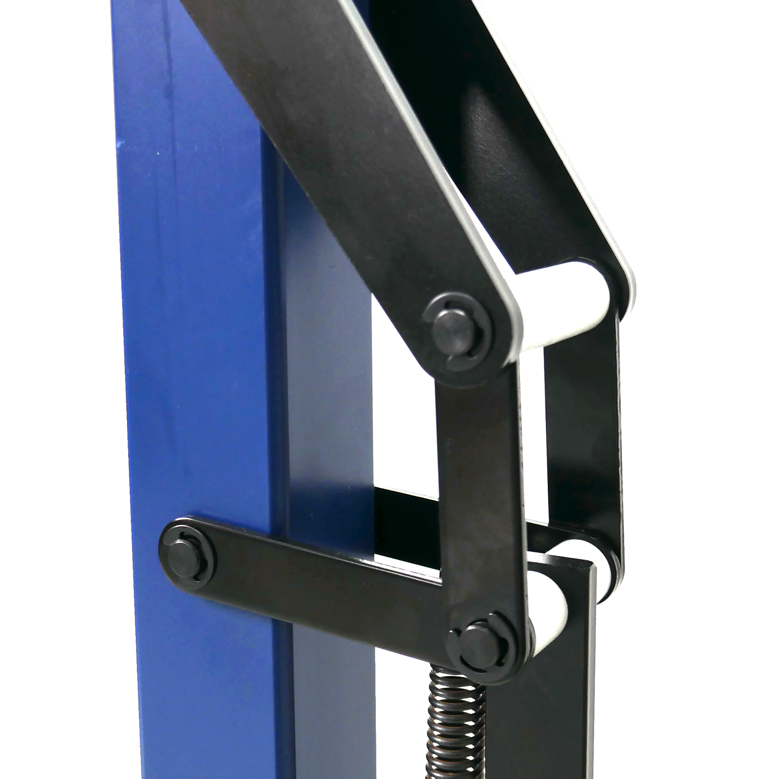 Close-up of moving components on a blue foot operated case stapler