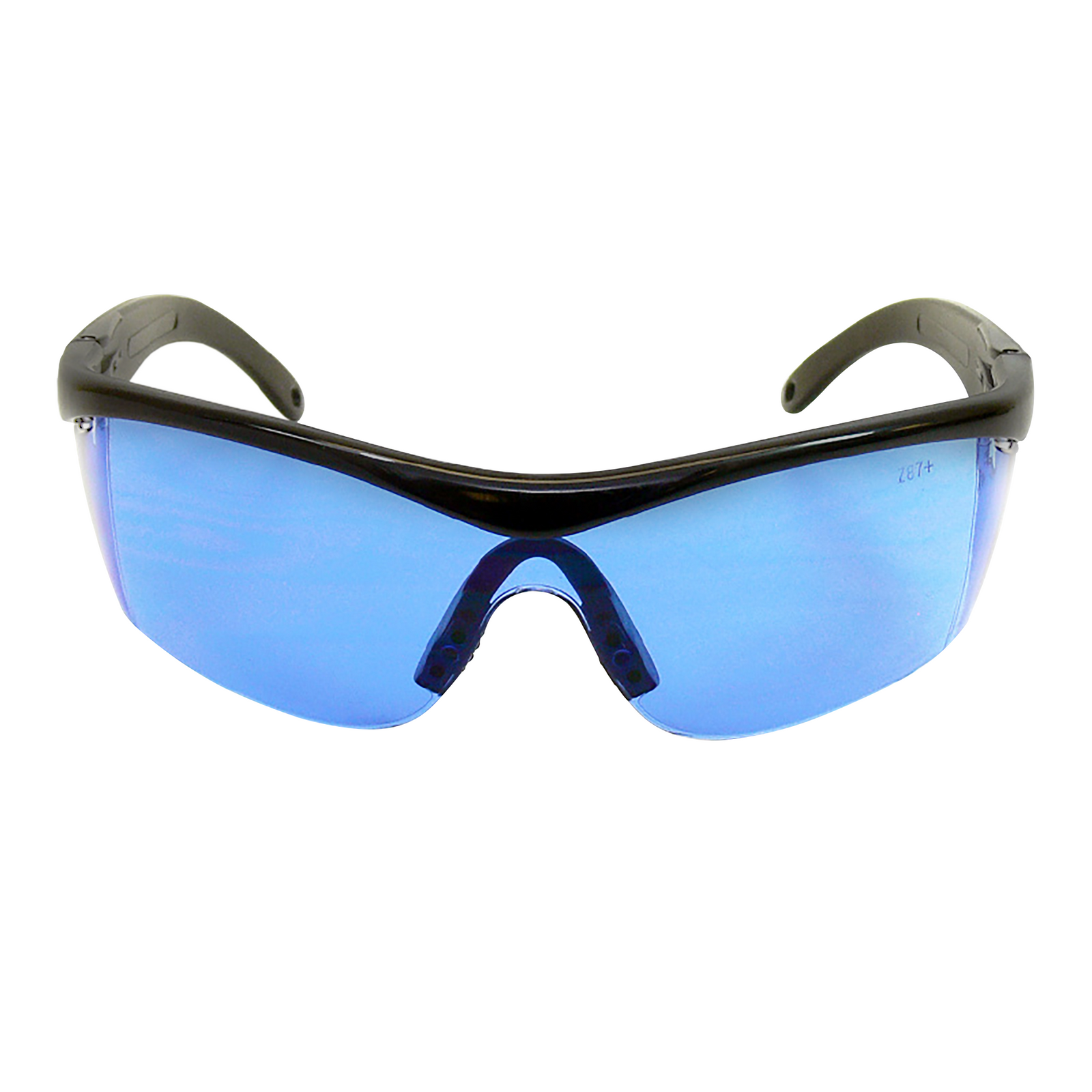 Front view of a modern design framed JORESTECH safety blue glasses with side shields for high impact protection. There is an embebed mark on the right side of the lens that reads Z87+ 