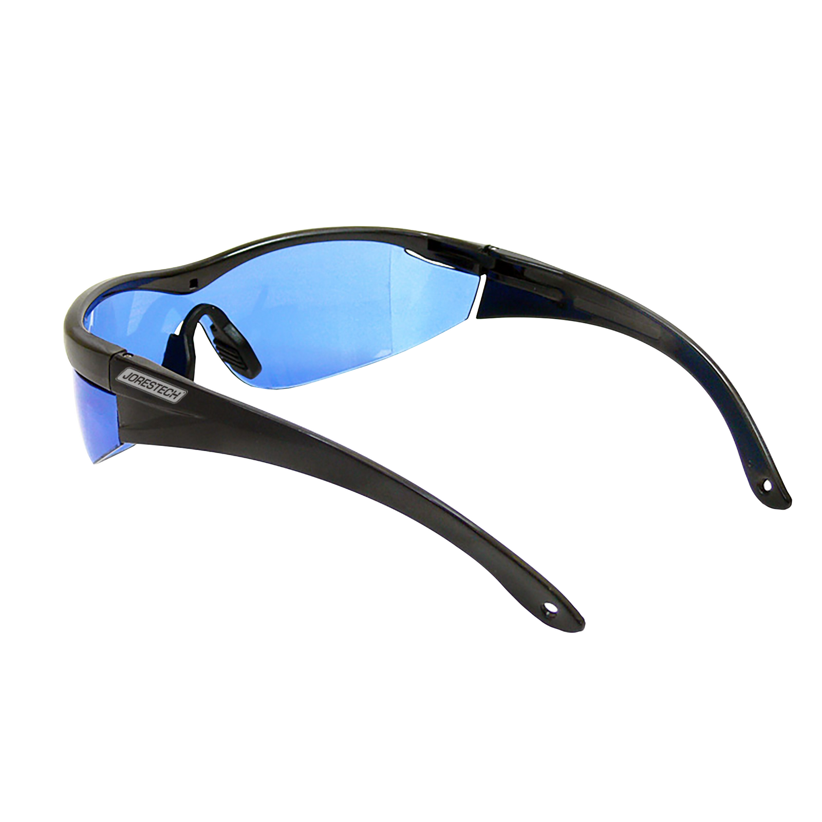 Side view of a black framed JORESTECH safety blue glasses with side shields for high impact protection. Each temple has a small hole to place a lanyard to secure the safety glass