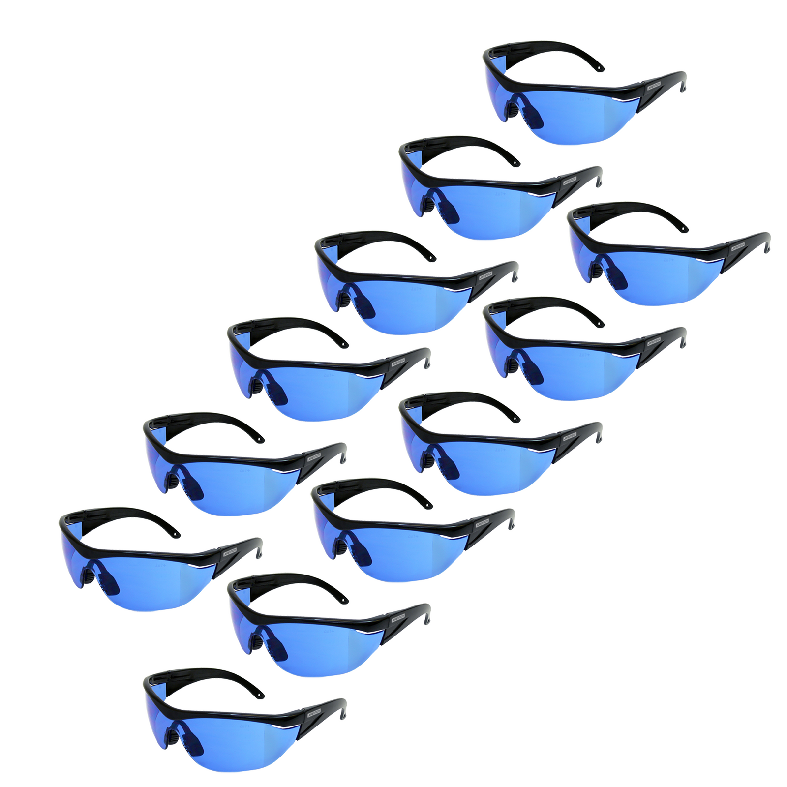 Diagonal view of a pack of 12 modern design framed JORESTECH safety blue glasses with side shields for high impact protection. There is a embedder mark of the polycarbonate glass that reads Z87+ which is the ANSI standard