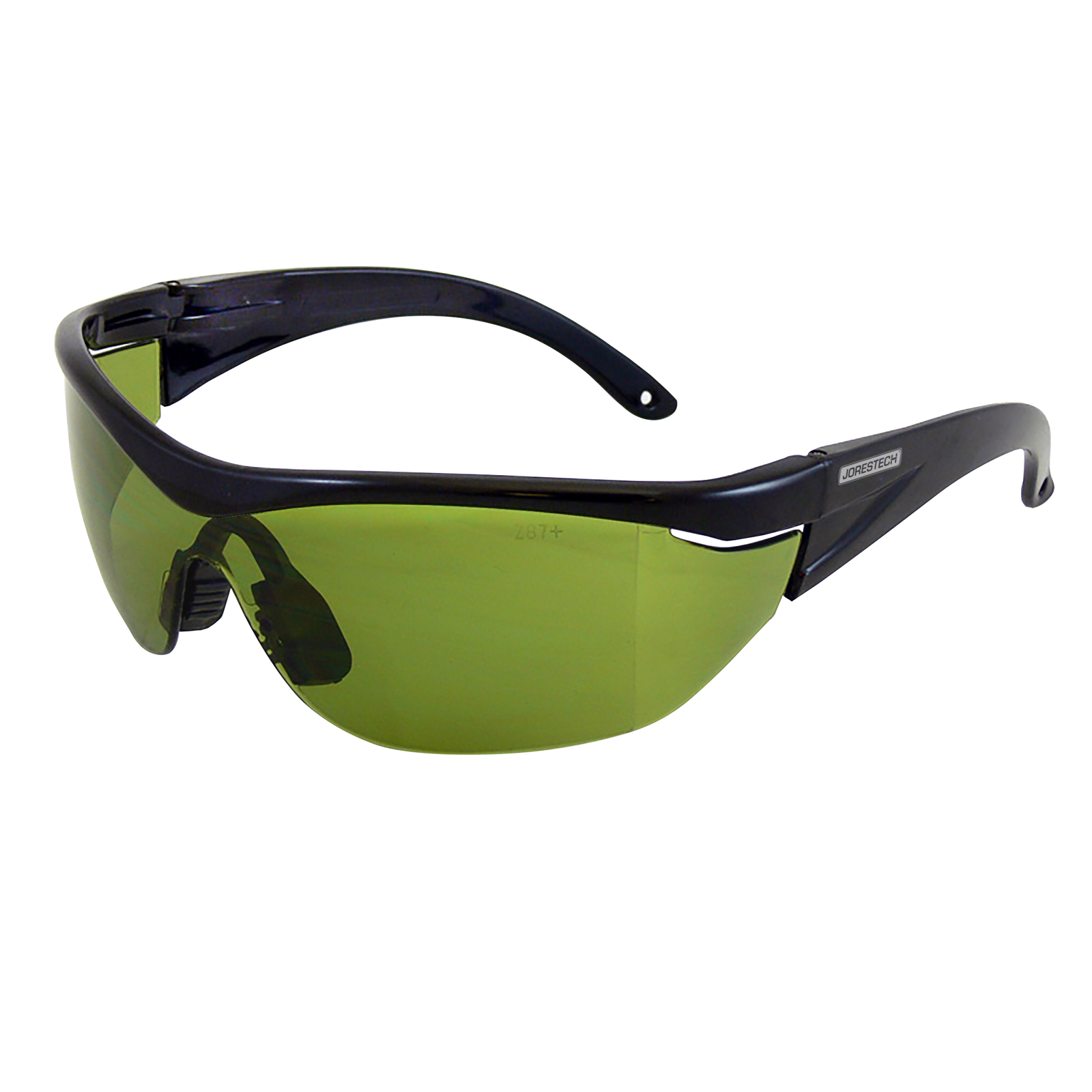 Diagonal view of a modern design framed JORESTECH safety green glasses with side shields for high impact protection over white background