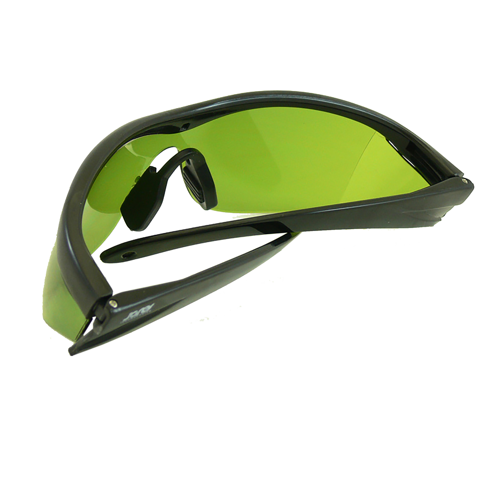 Back view of a modern design framed JORESTECH safety green glasses with side shields for high impact protection with the temples folded over white background