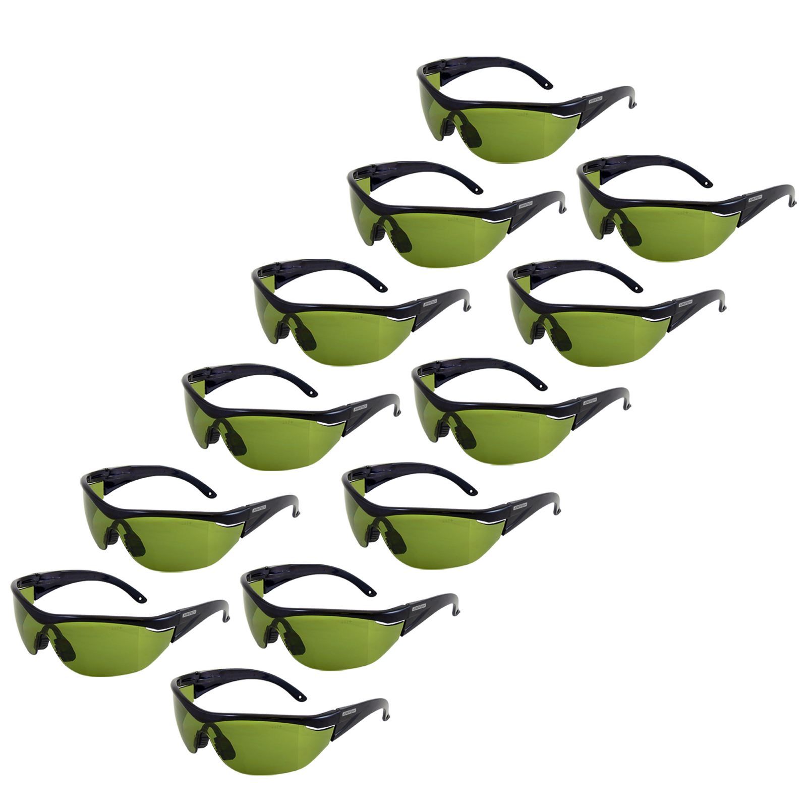 Set of 12 modern design framed JORESTECH safety green glasses with side shields for high impact protection. There is a embedder mark of the polycarbonate glass that reads Z87+ which is the ANSI standard