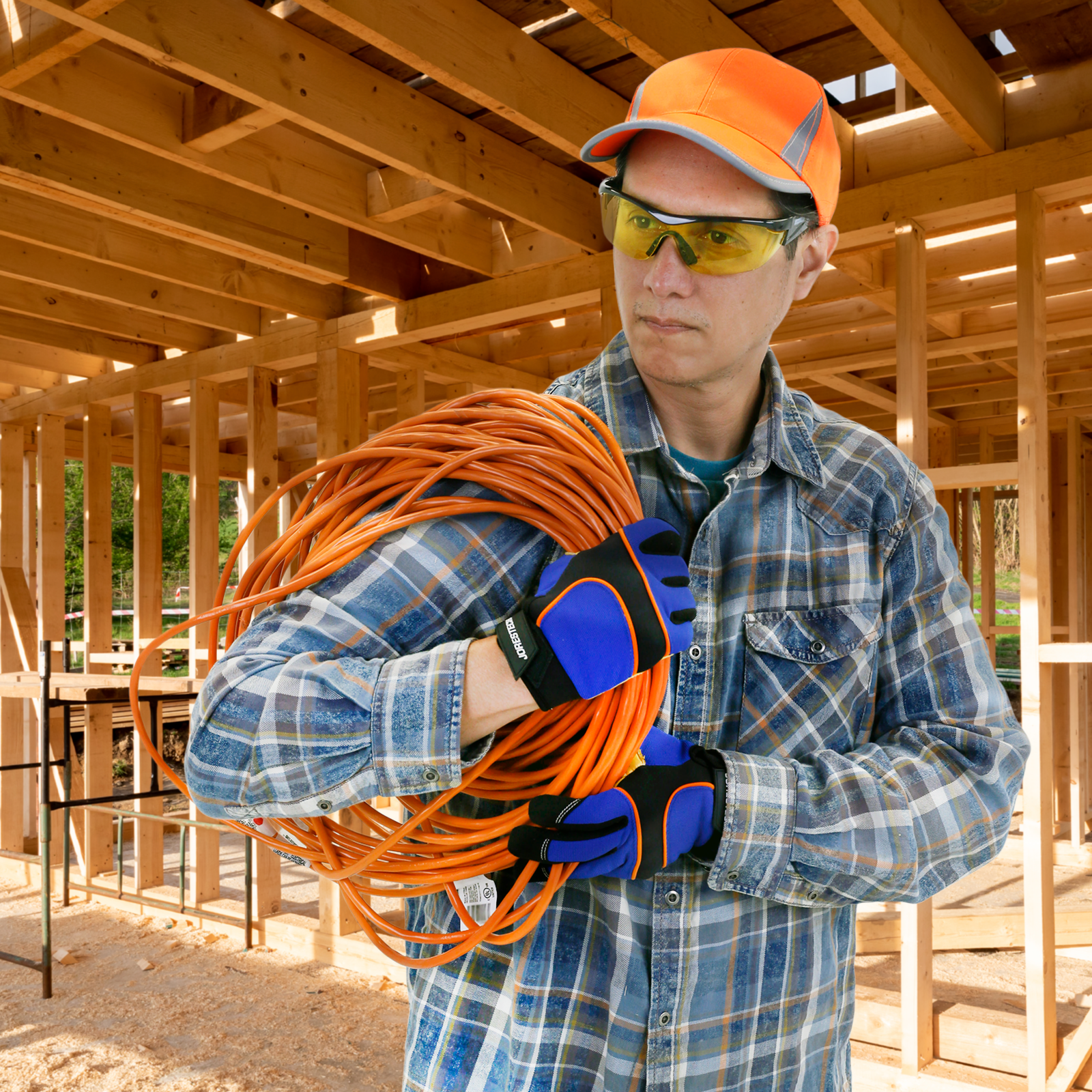 A man wearing the Framed JORESTECH impact resistant yellow safety glasses with frame while carrying an extension cord  in a construction of a building. The background shows a partially built wooden structure 