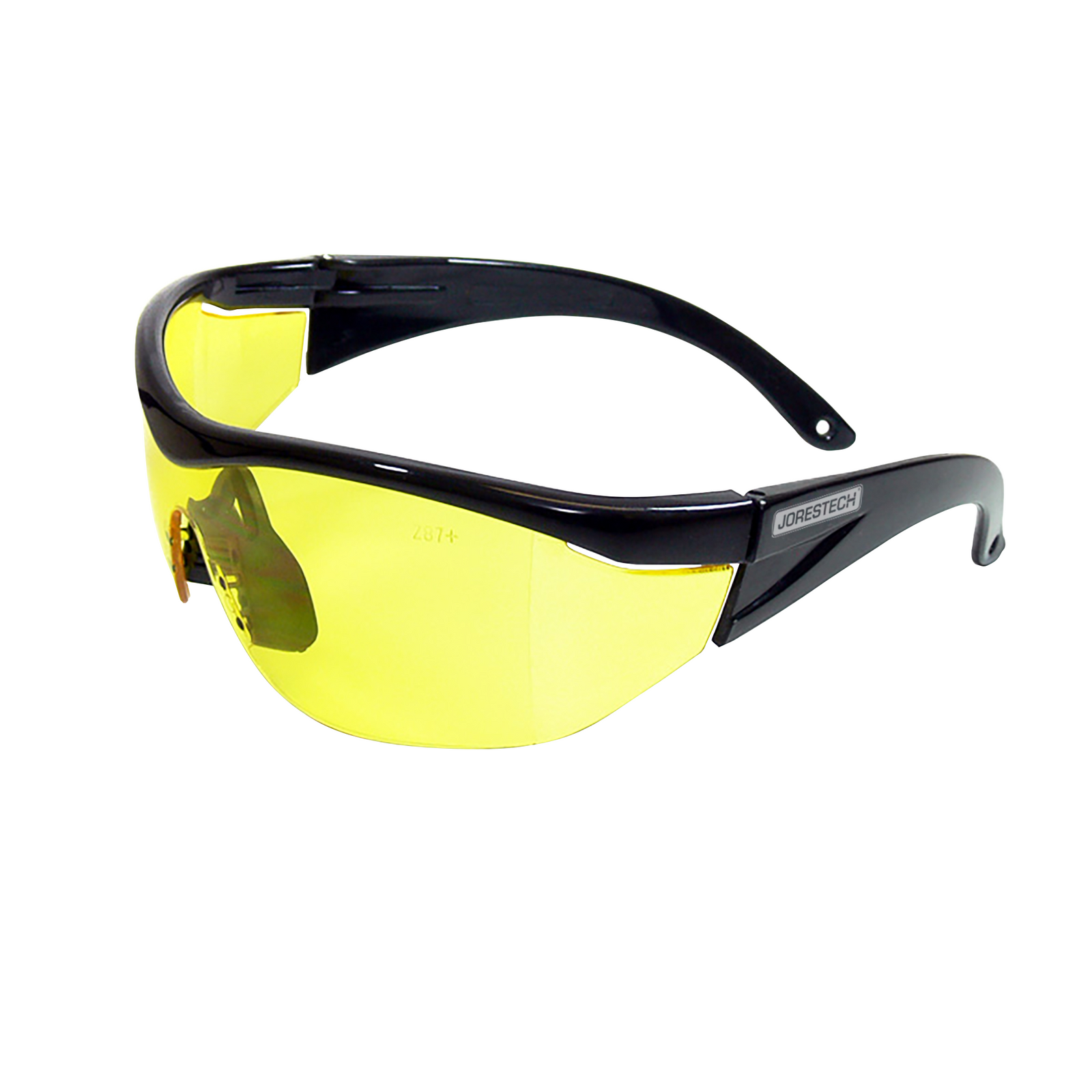 Diagonal view of a modern design framed JORESTECH safety yellow glasses with side shields for high impact protection. There is a embedder mark of the polycarbonate glass that reads Z87+ which is the ANSI standard