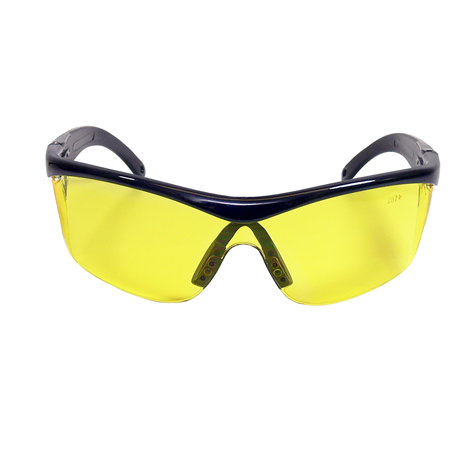 Front view of a modern design framed JORESTECH safety yellow glasses with side shields for high impact protection. There is an embedded mark on the polycarbonate lens that reads Z87+ 