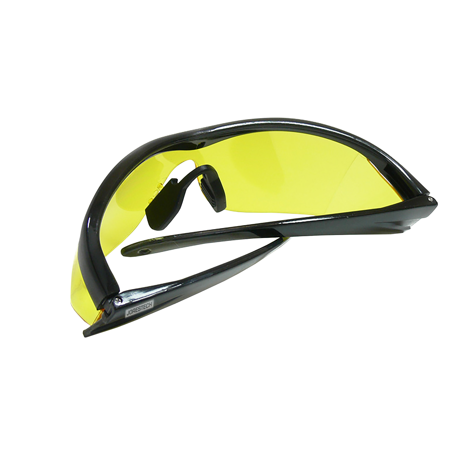 Back view of a modern design framed JORESTECH safety yellow glasses with side shields for high impact protection with the temples folded over white background