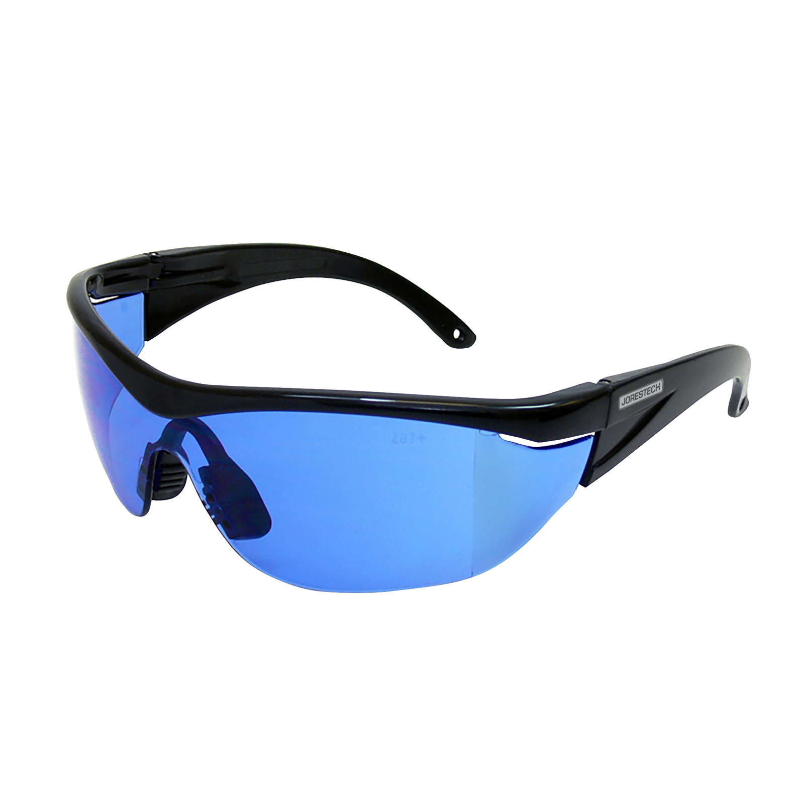 Diagonal view of a modern design framed JORESTECH safety blue glasses with side shields for high impact protection. There is a embedder mark of the polycarbonate glass that reads Z87+ which is the ANSI standard
