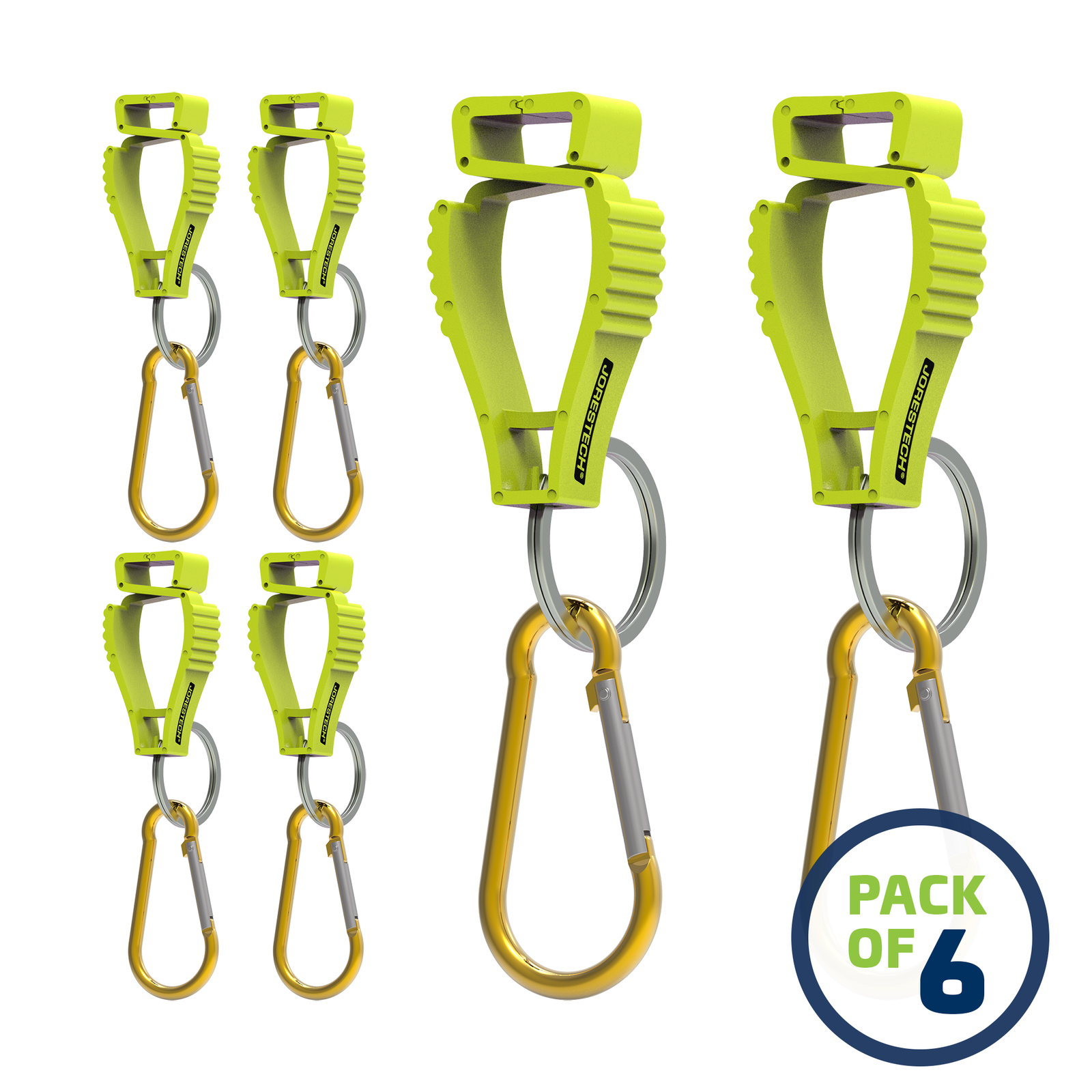 image of a pack of 6 Lime JORESTECH glove clip safety holders with carabiner over white background