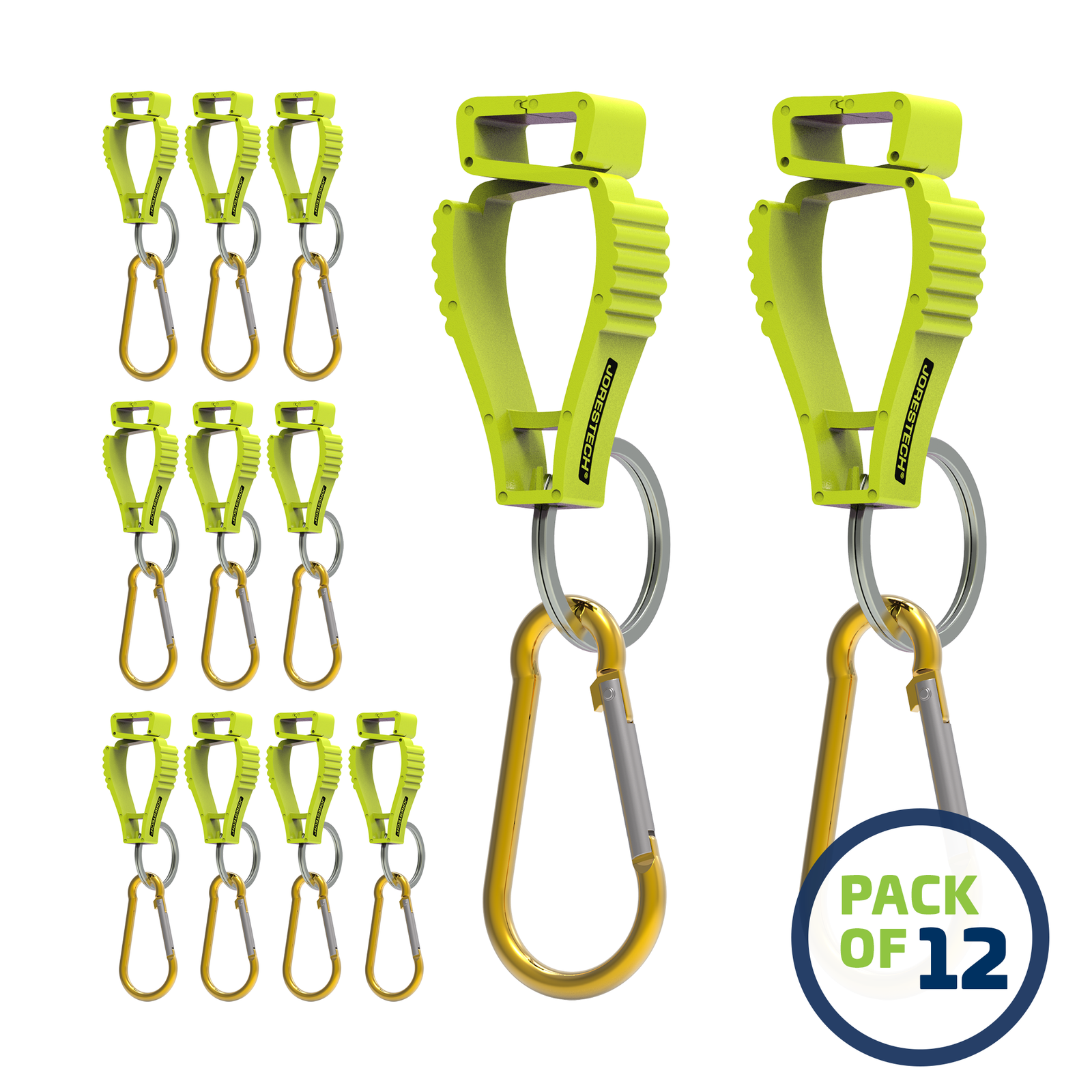 Pack of 12 Lime JORESTECH glove clip safety holders with carabiner 