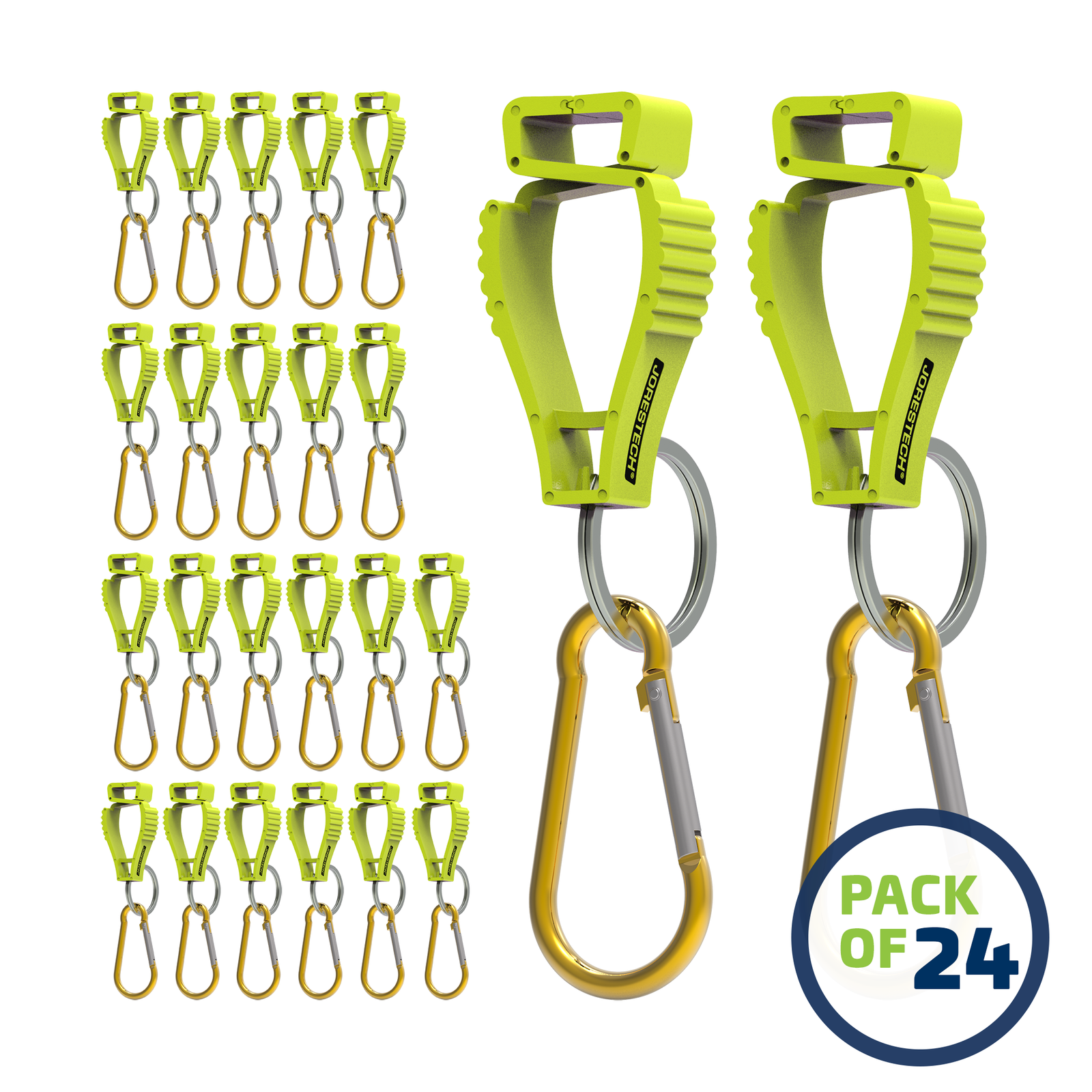Pack of 24 Lime JORESTECH glove clip safety holders with carabiner 