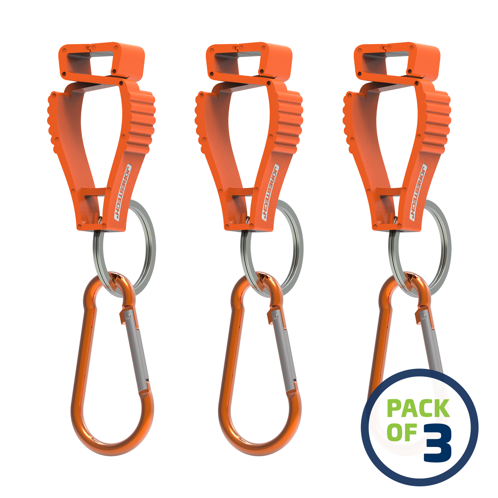 Pack of 3 Orange JORESTECH glove clip safety holders with carabiner 