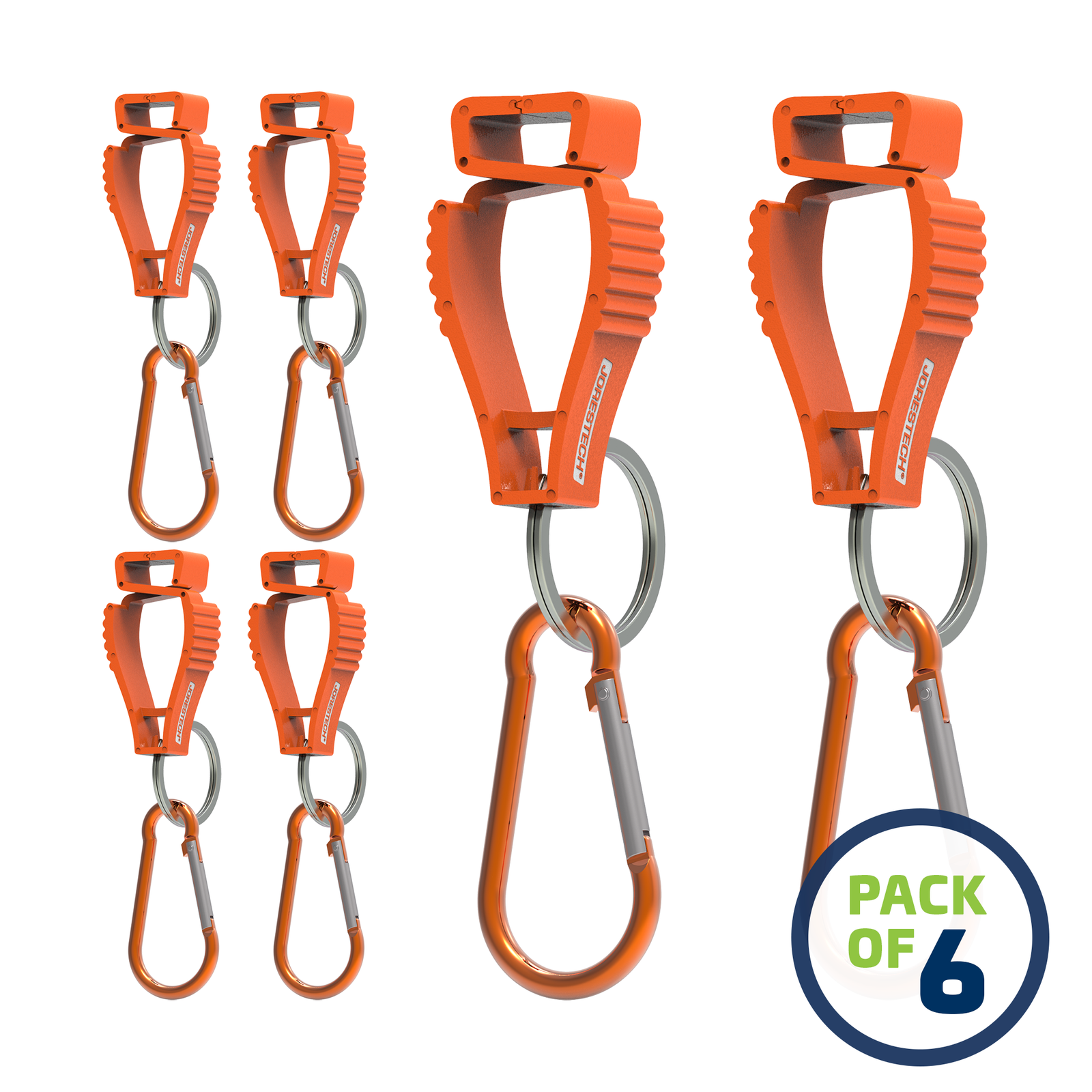 image of a pack of 6 Orange JORESTECH glove clip safety holders with carabiner over white background