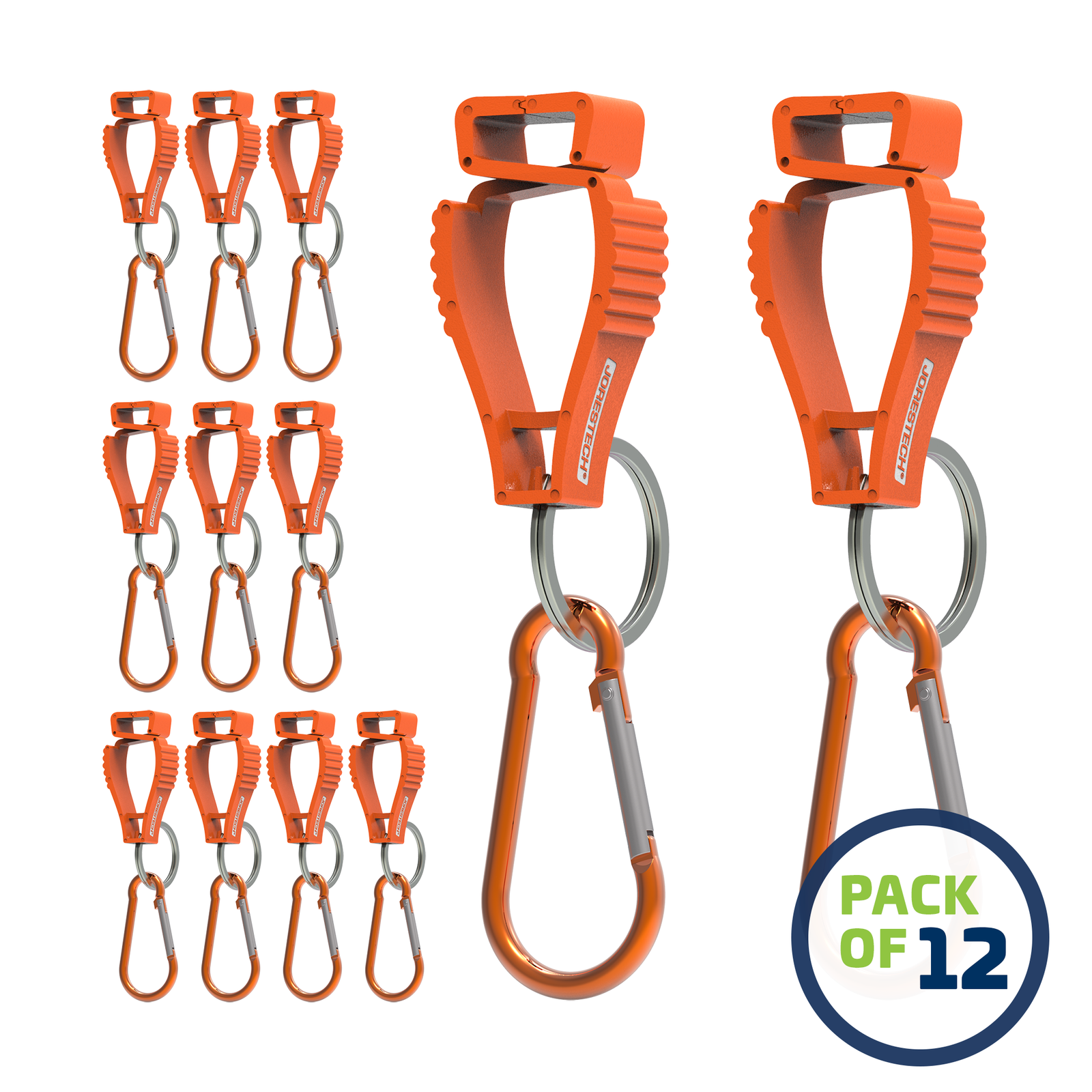 image of a pack of 12 Orange JORESTECH glove clip safety holders with carabiner over white background