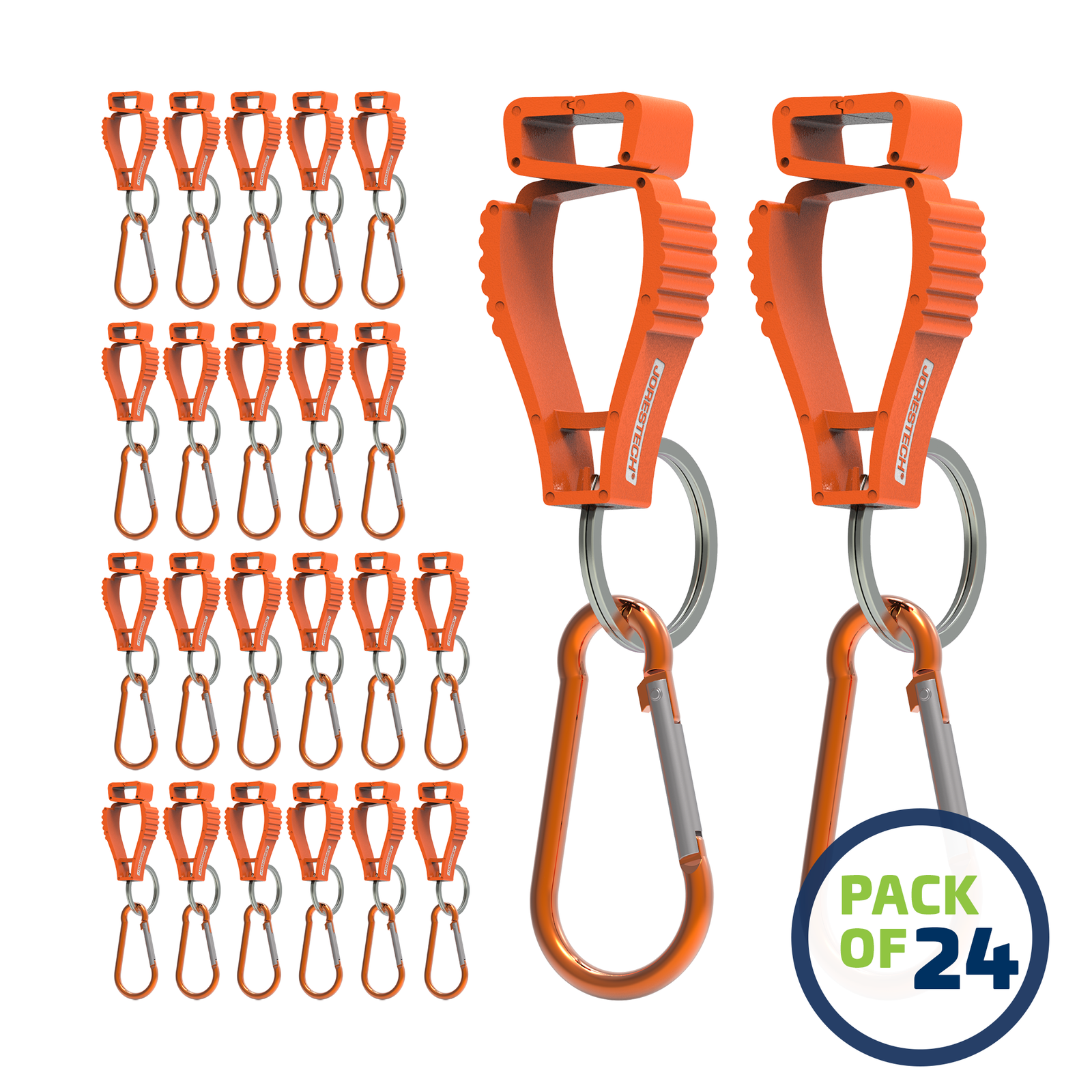 Pack of 24 Orange JORESTECH glove clip safety holders with carabiner 