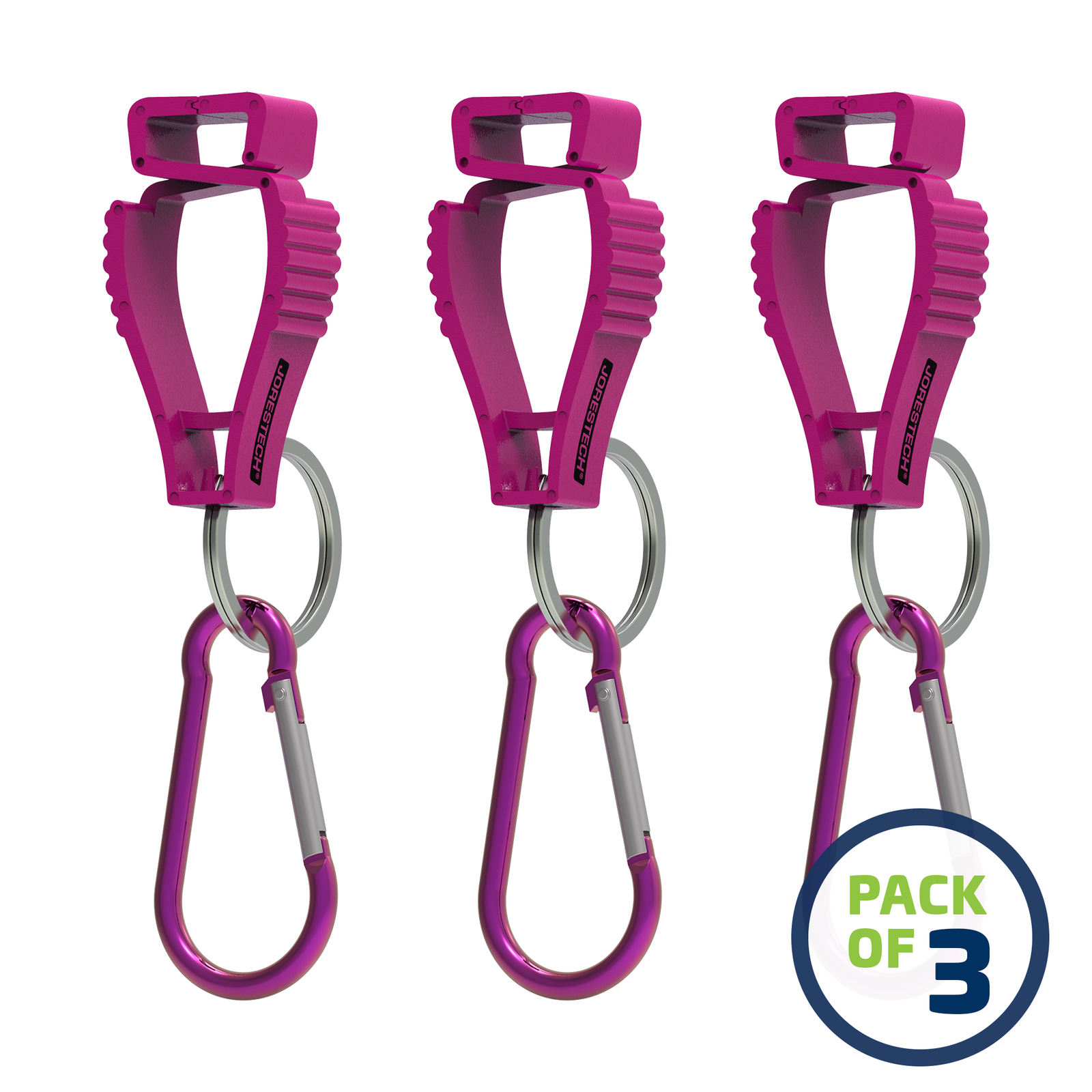 image of a pack of 3 Pink JORESTECH glove clip safety holders with carabiner over white background