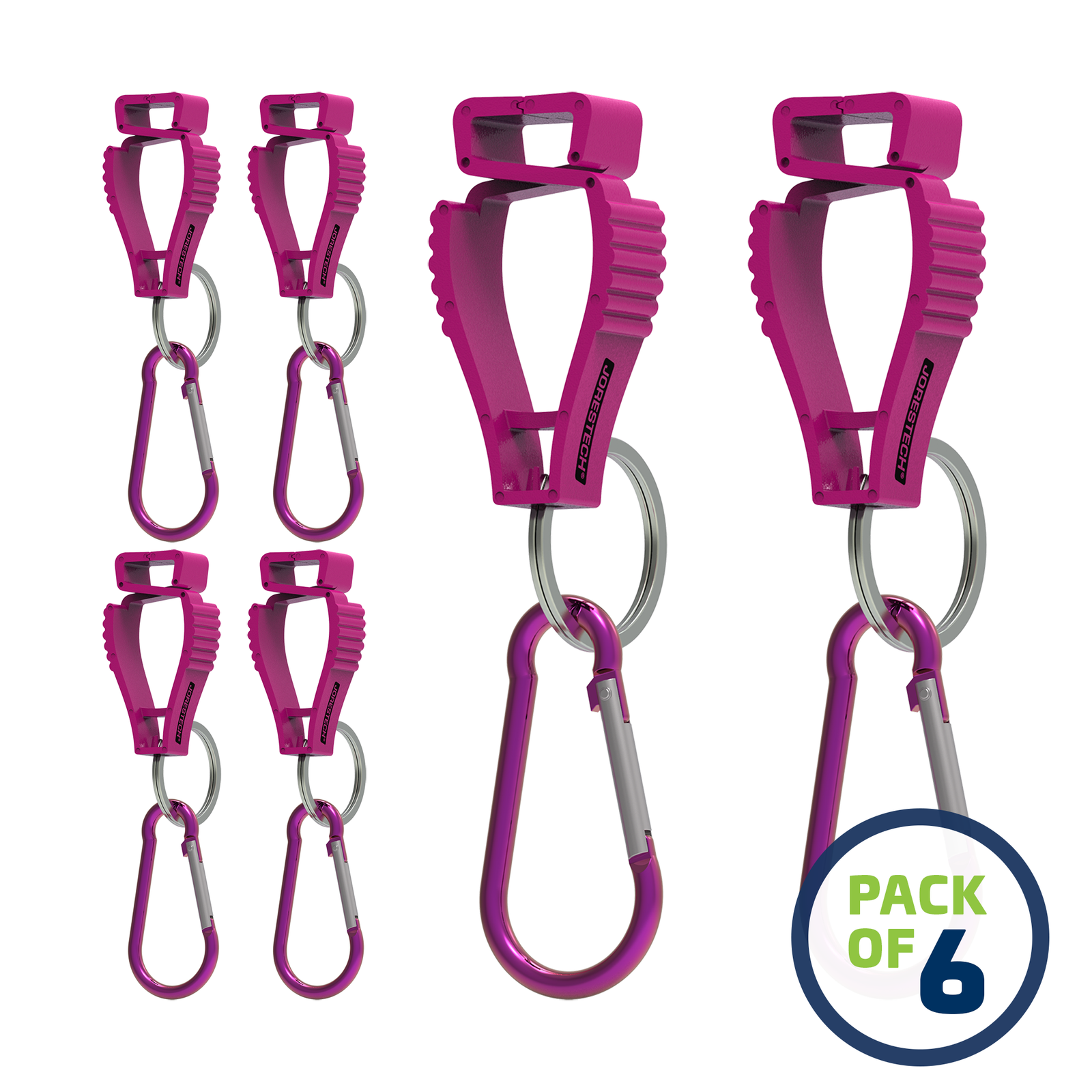 image of a pack of 6 Pink JORESTECH glove clip safety holders with carabiner over white background