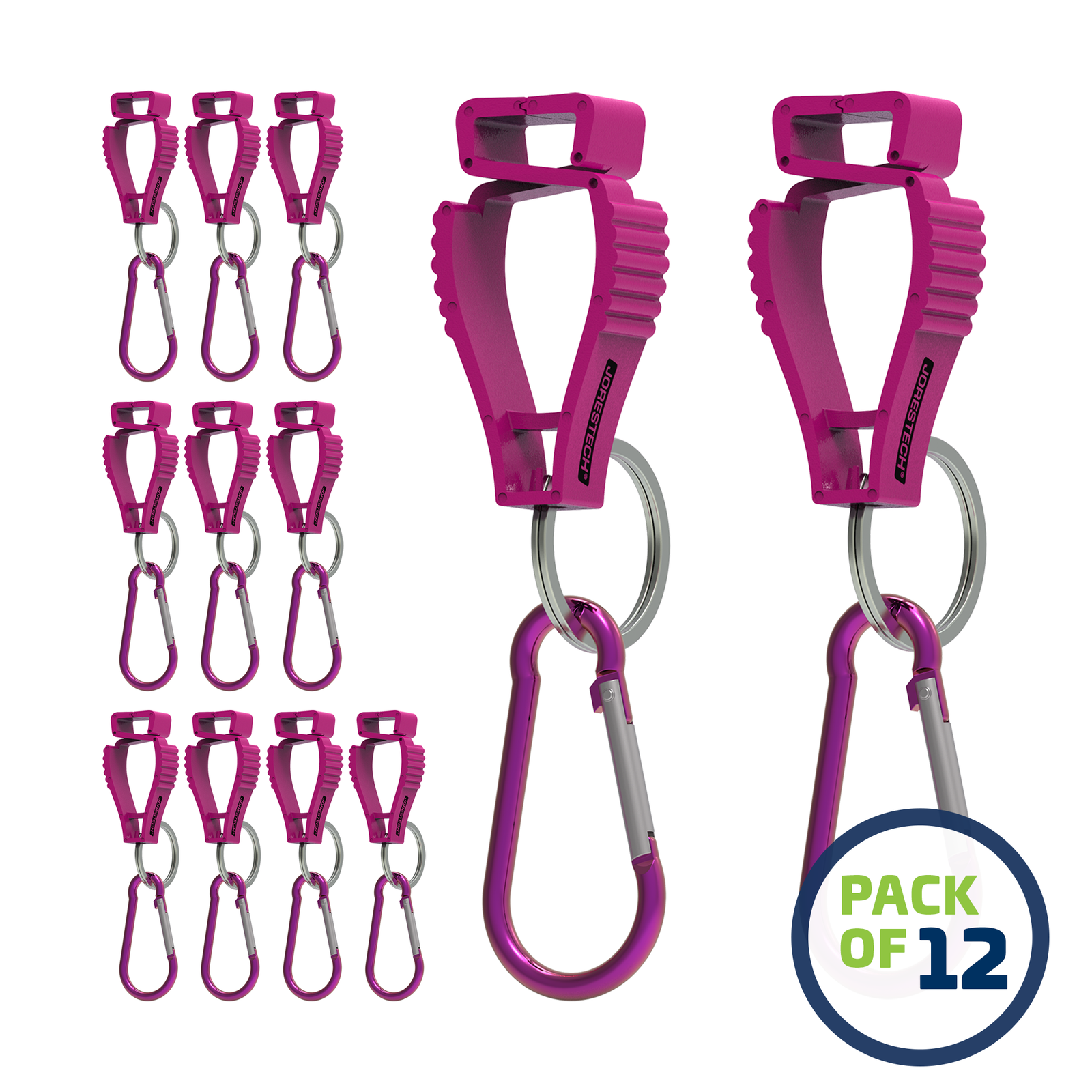 Pack of 12 Pink JORESTECH glove clip safety holders with carabiner 