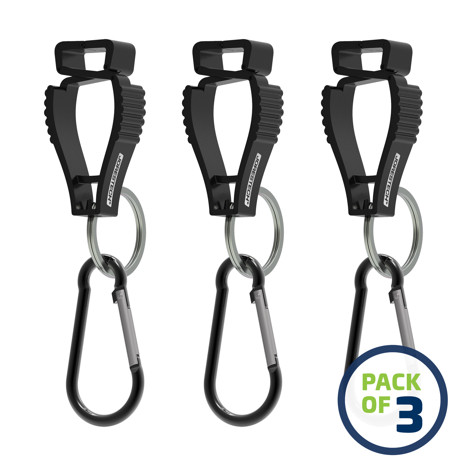 image of a pack of 3 Black JORESTECH glove clip safety holders with carabiner over white background