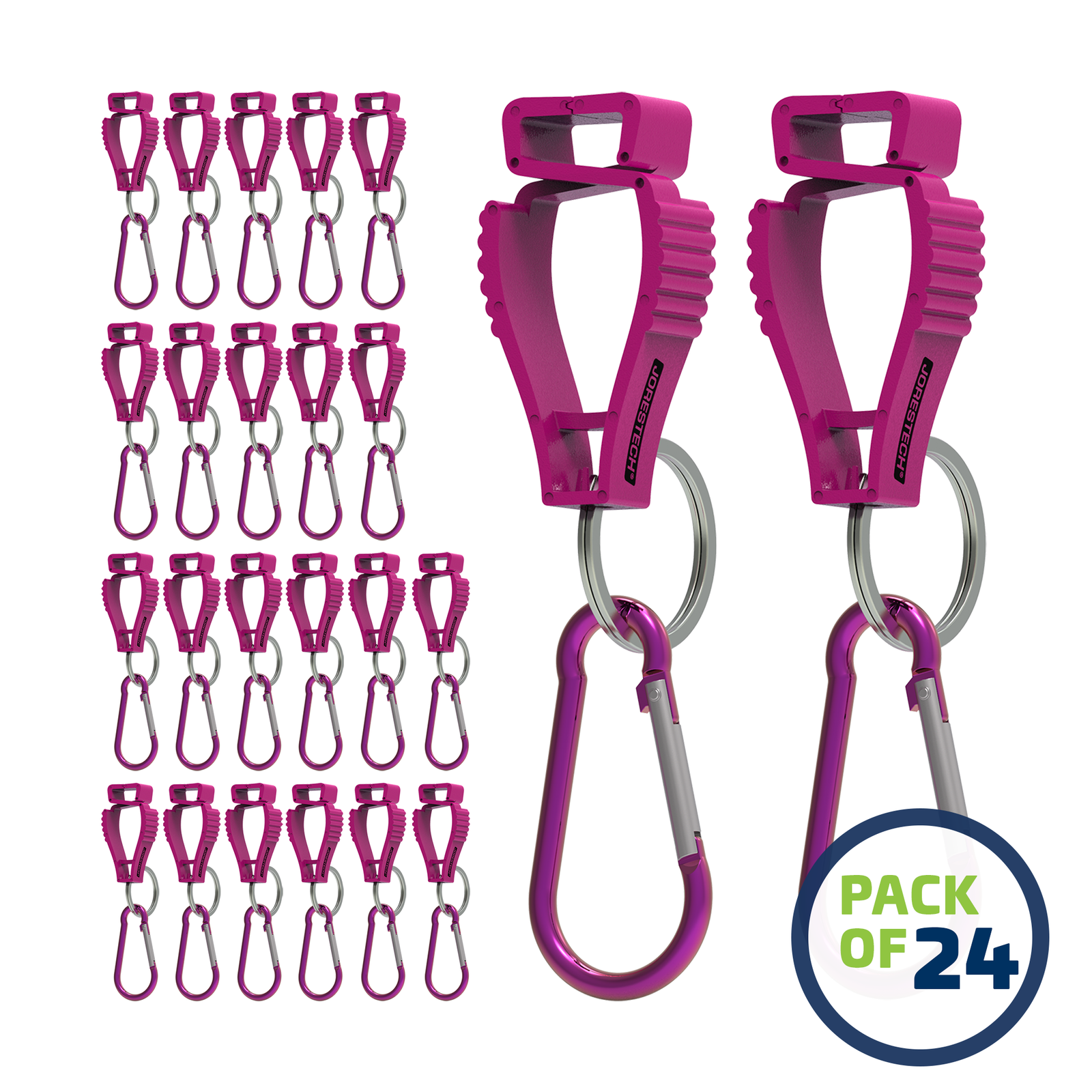 image of a pack of 24 Pink JORESTECH glove clip safety holders with carabiner over white background