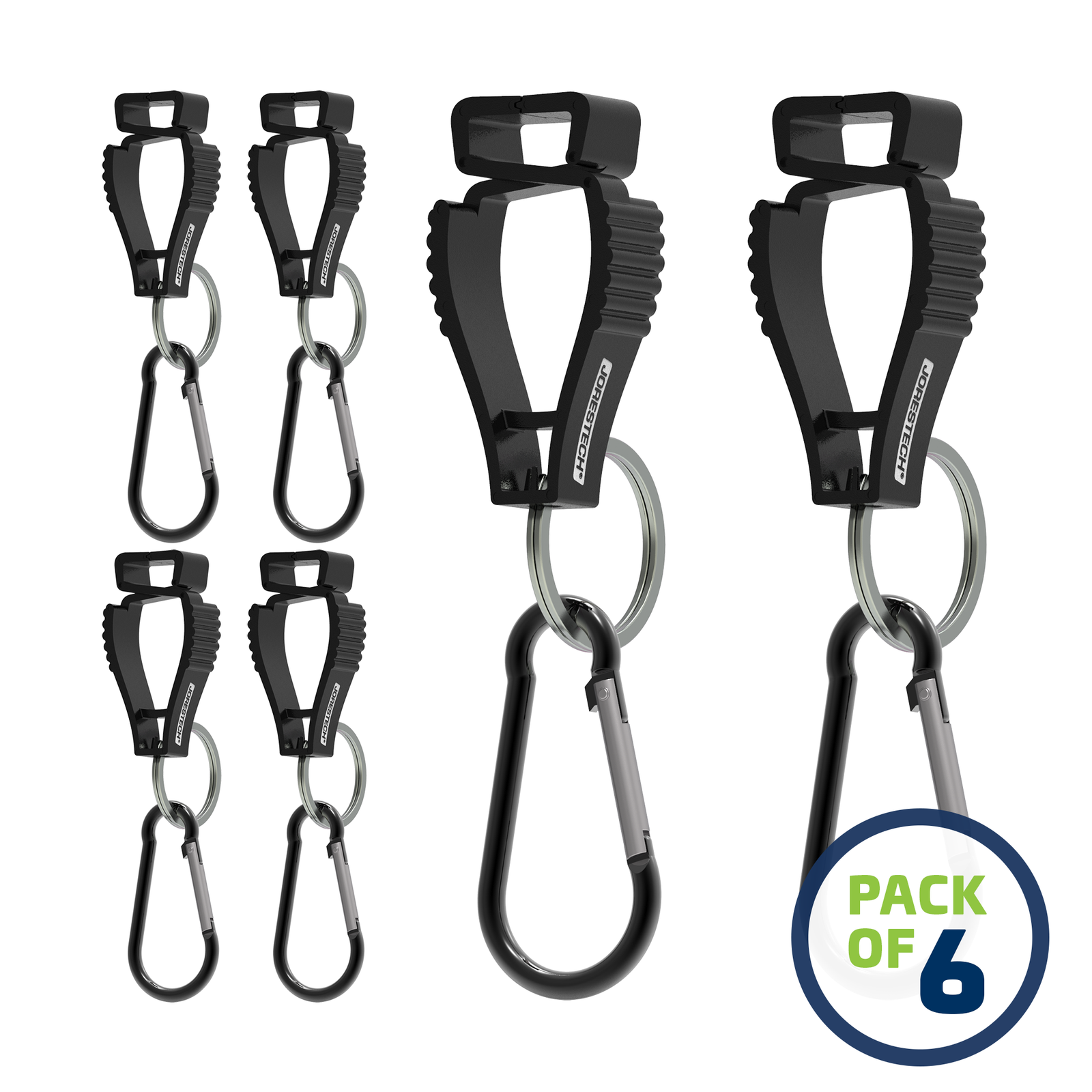 image of a pack of 6 Black JORESTECH glove clip safety holders with carabiner over white background