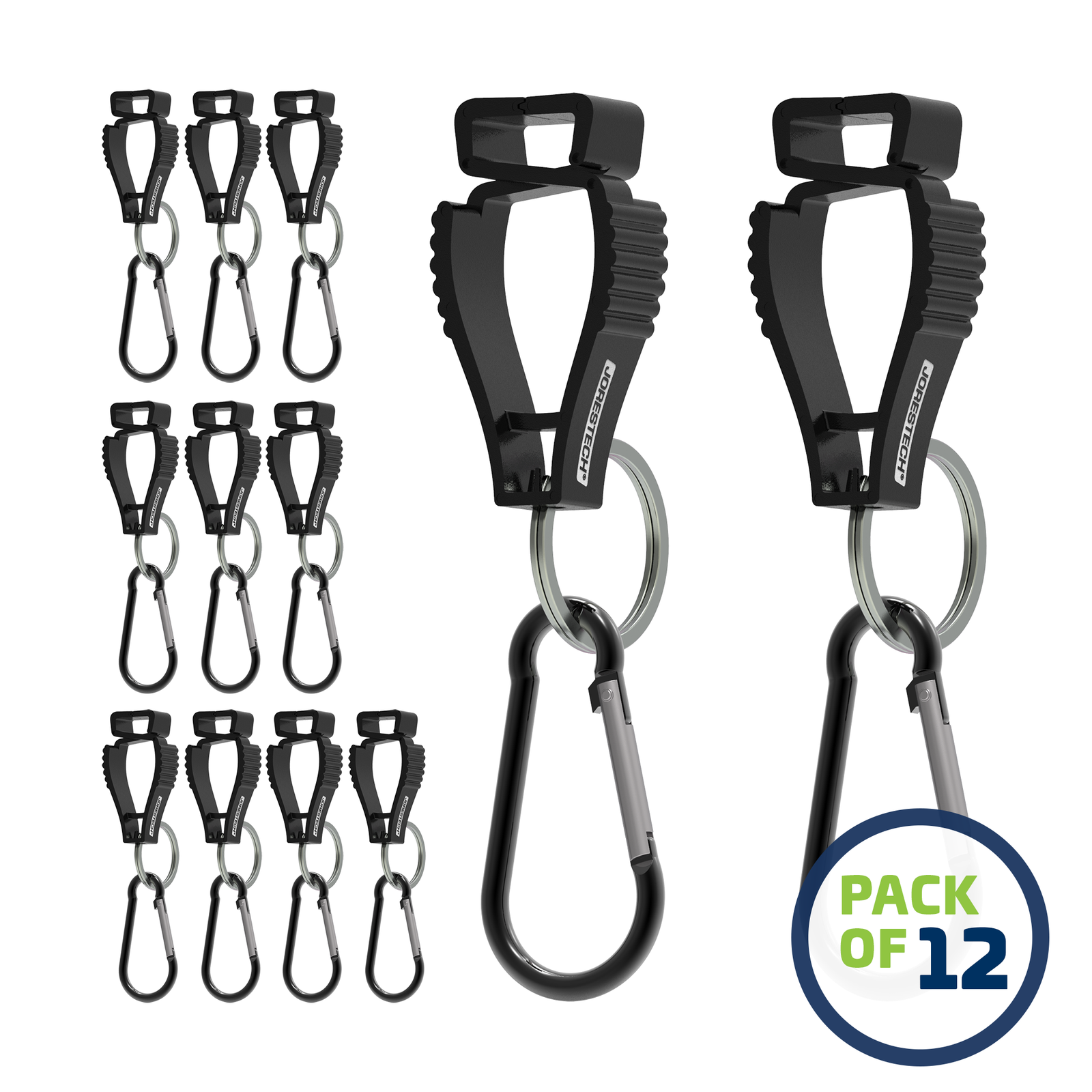 Pack of 12 Black JORESTECH glove clip safety holders with carabiner