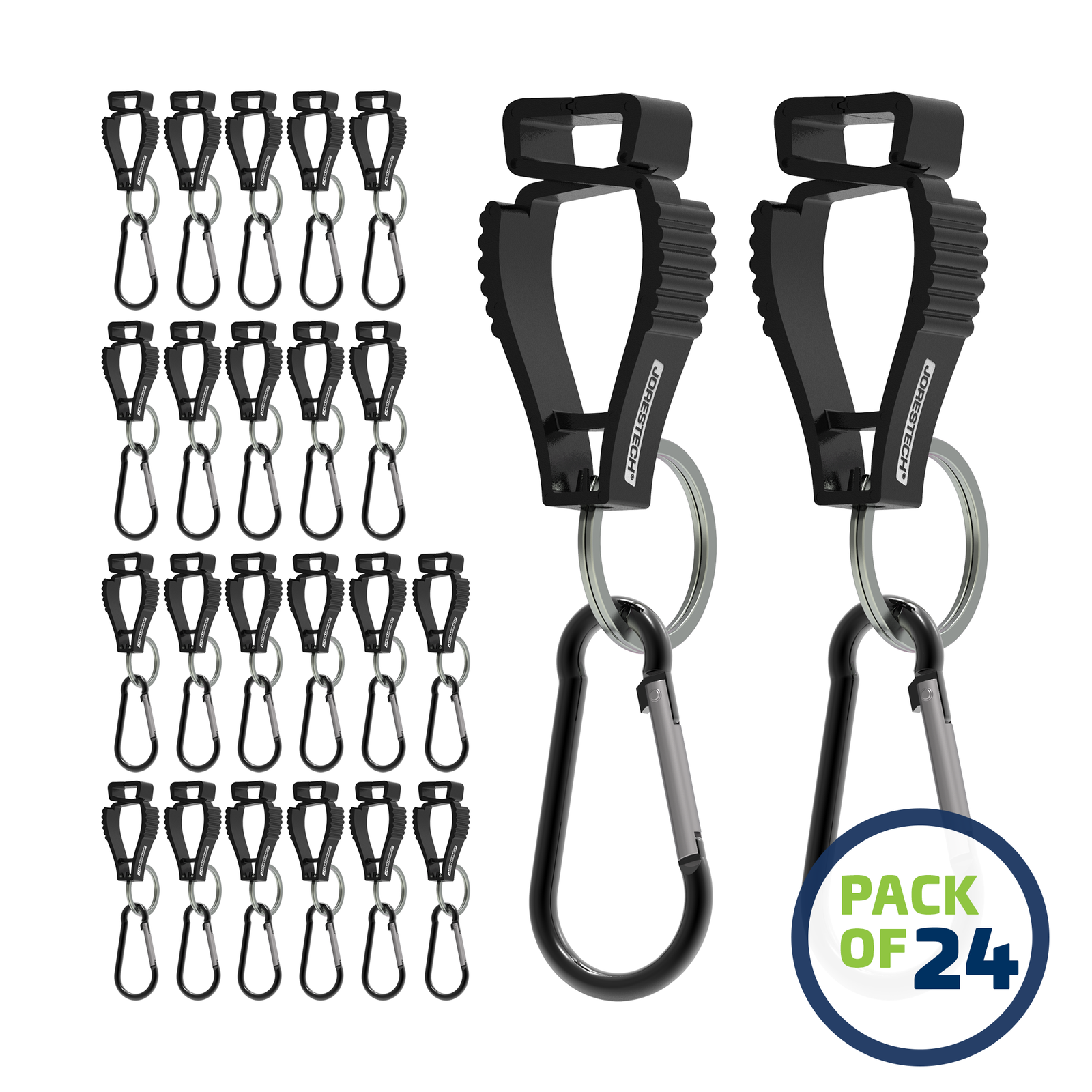 image of a pack of 24 Black JORESTECH glove clip safety holders with carabiner over white background