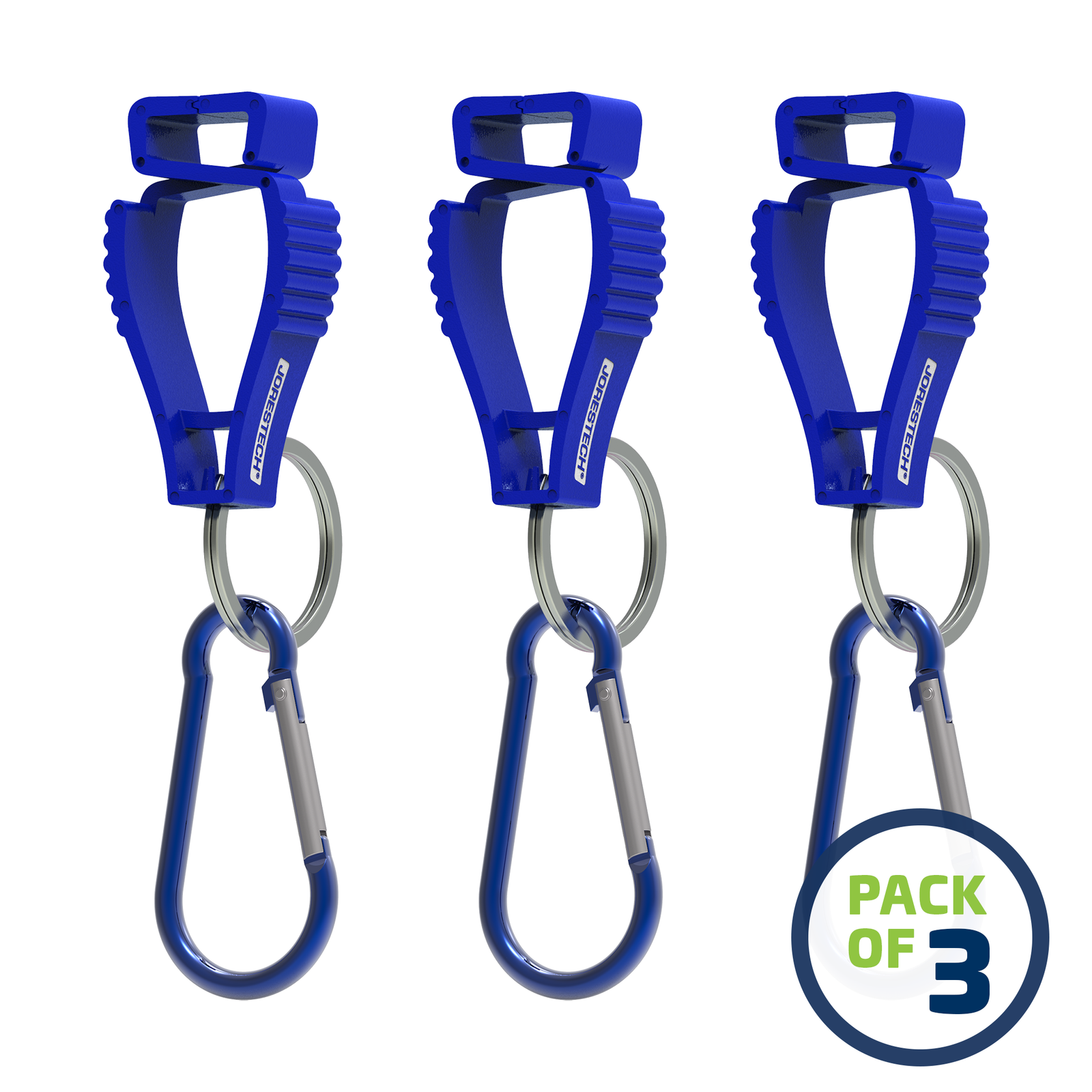 image of a pack of 3 Blue JORESTECH glove clip safety holders with carabiner over white background