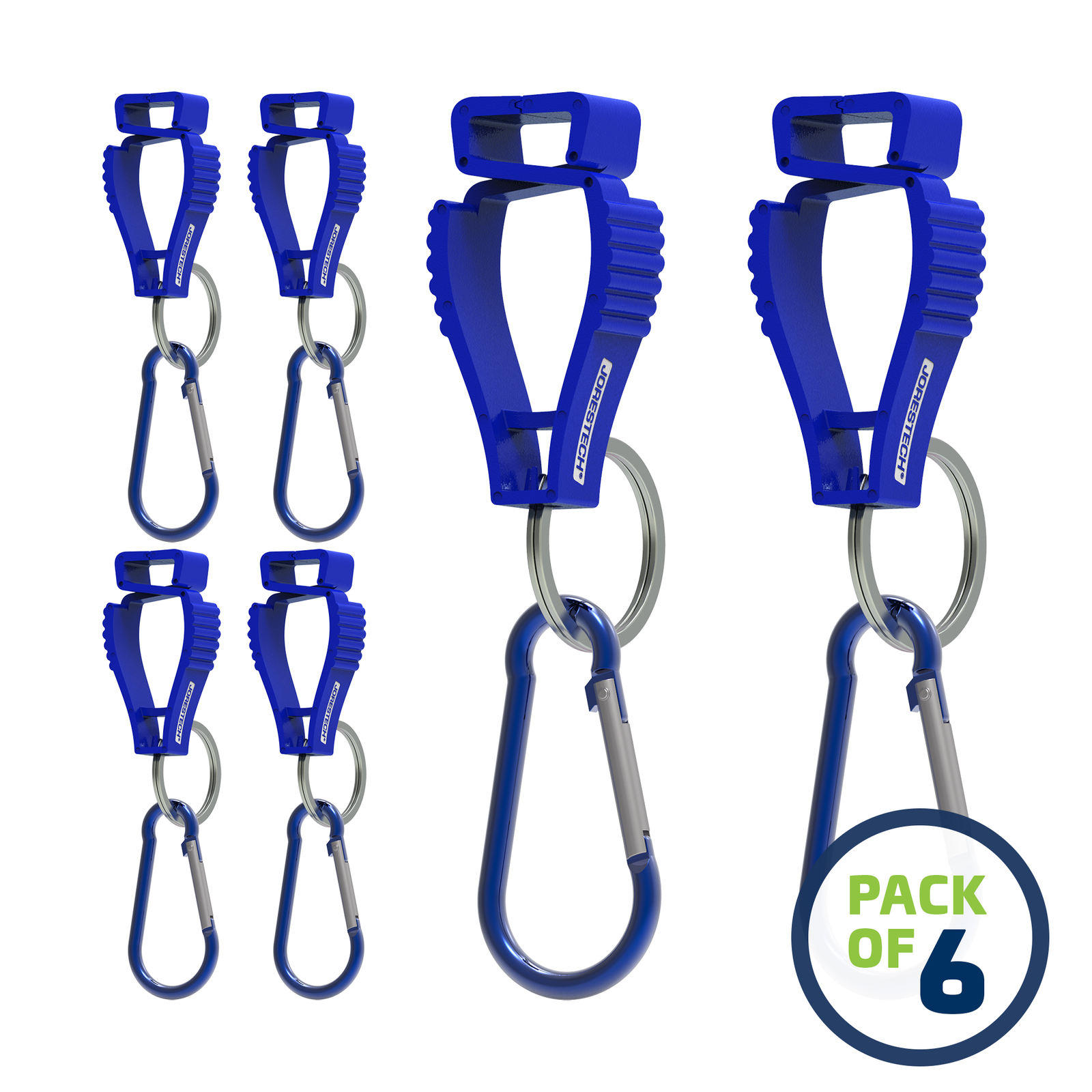 image of a pack of 6 Blue JORESTECH glove clip safety holders with carabiner over white background