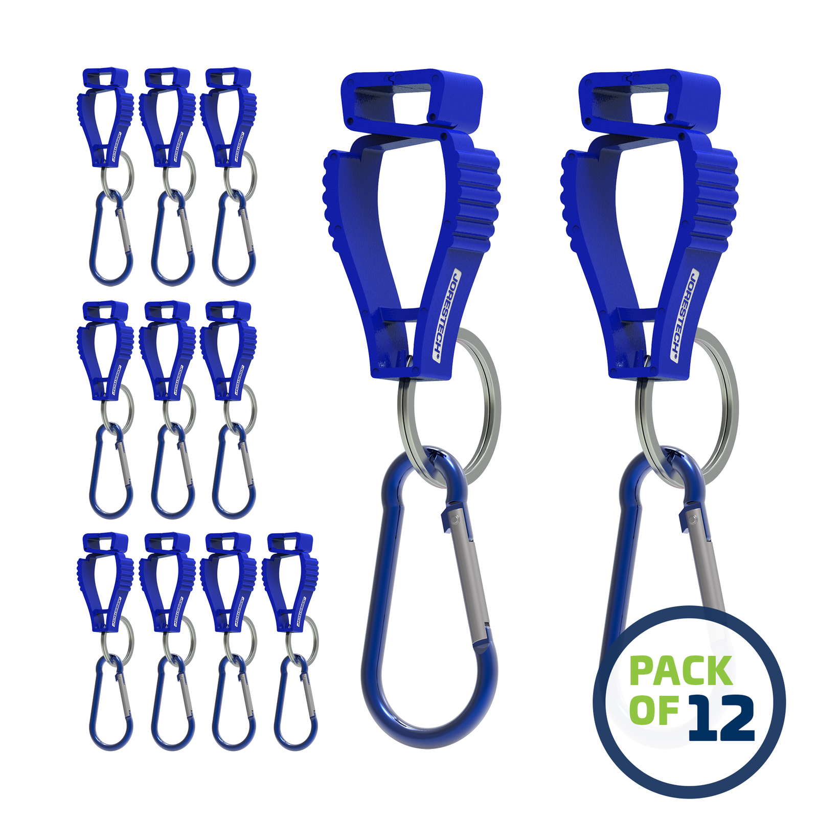 Pack of 12 Blue JORESTECH glove clip safety holders with carabiner