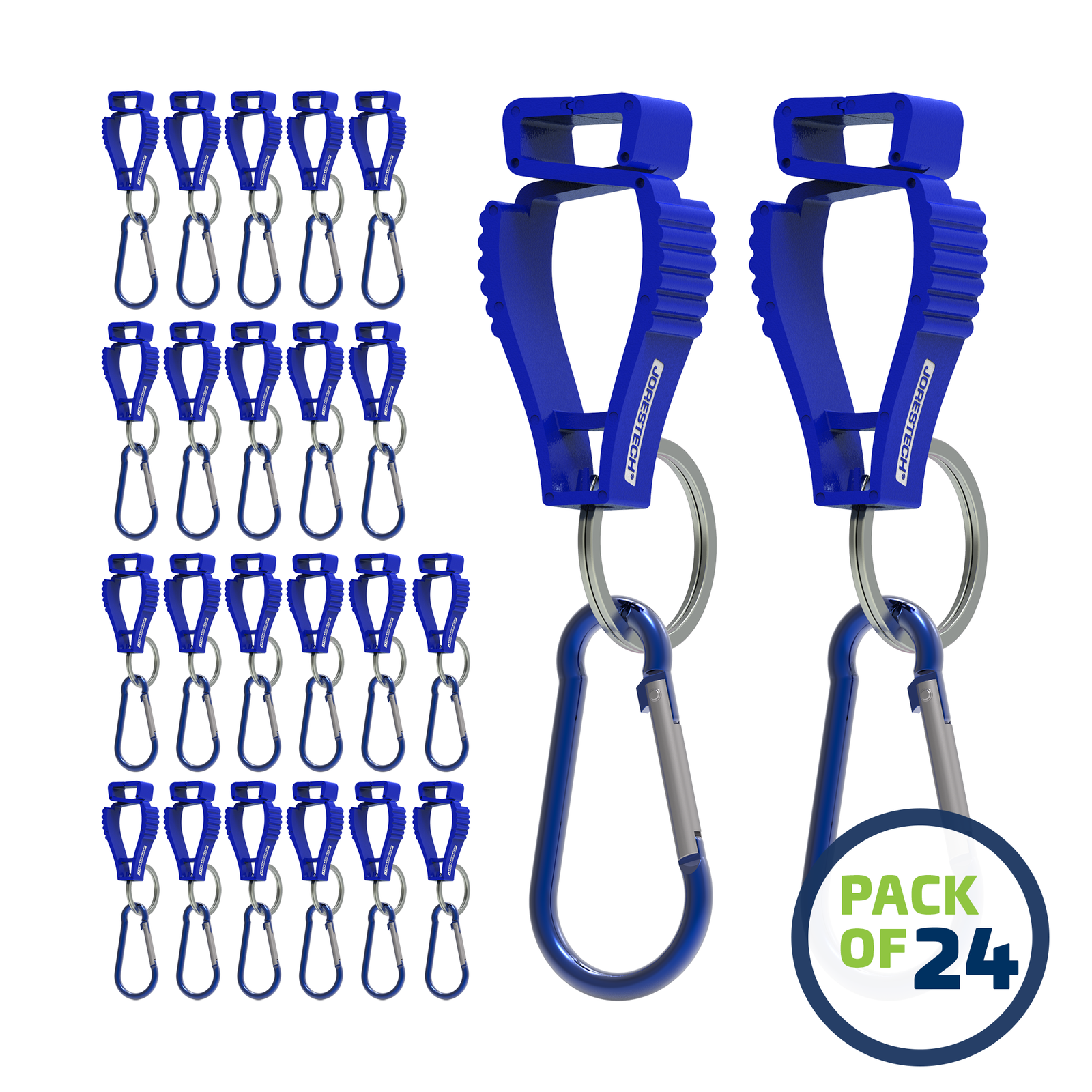 image of a pack of 24 Blue JORESTECH glove clip safety holders with carabiner over white background