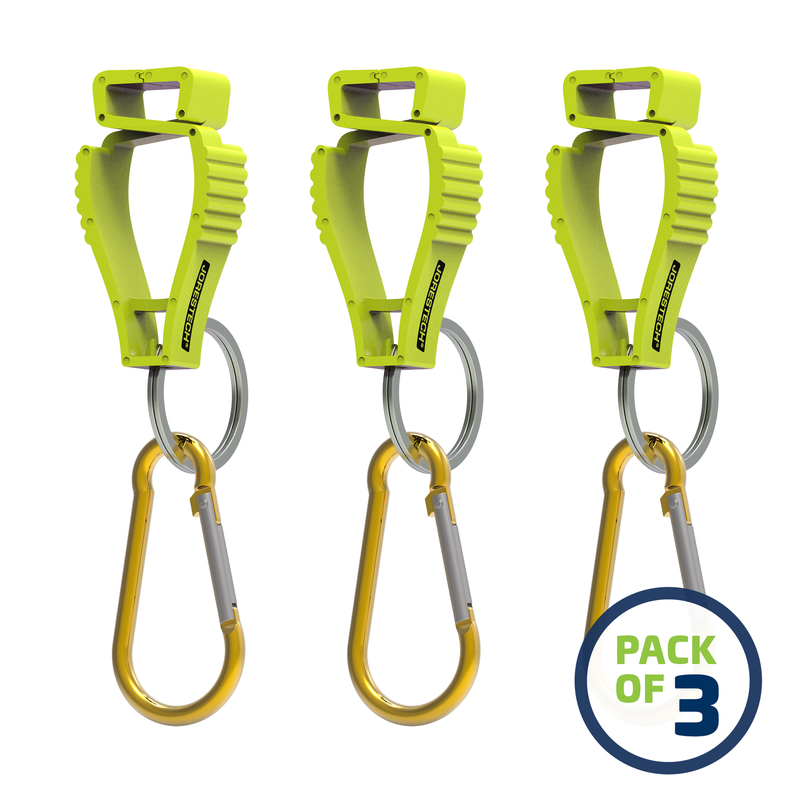 image of a pack of 3 Lime JORESTECH glove clip safety holders with carabiner over white background