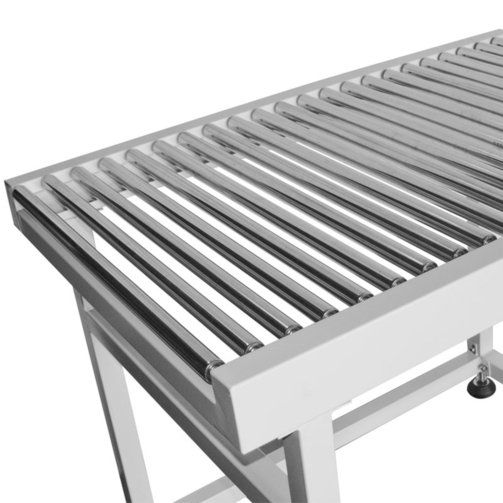 close up of steel conveyor gravity roller table