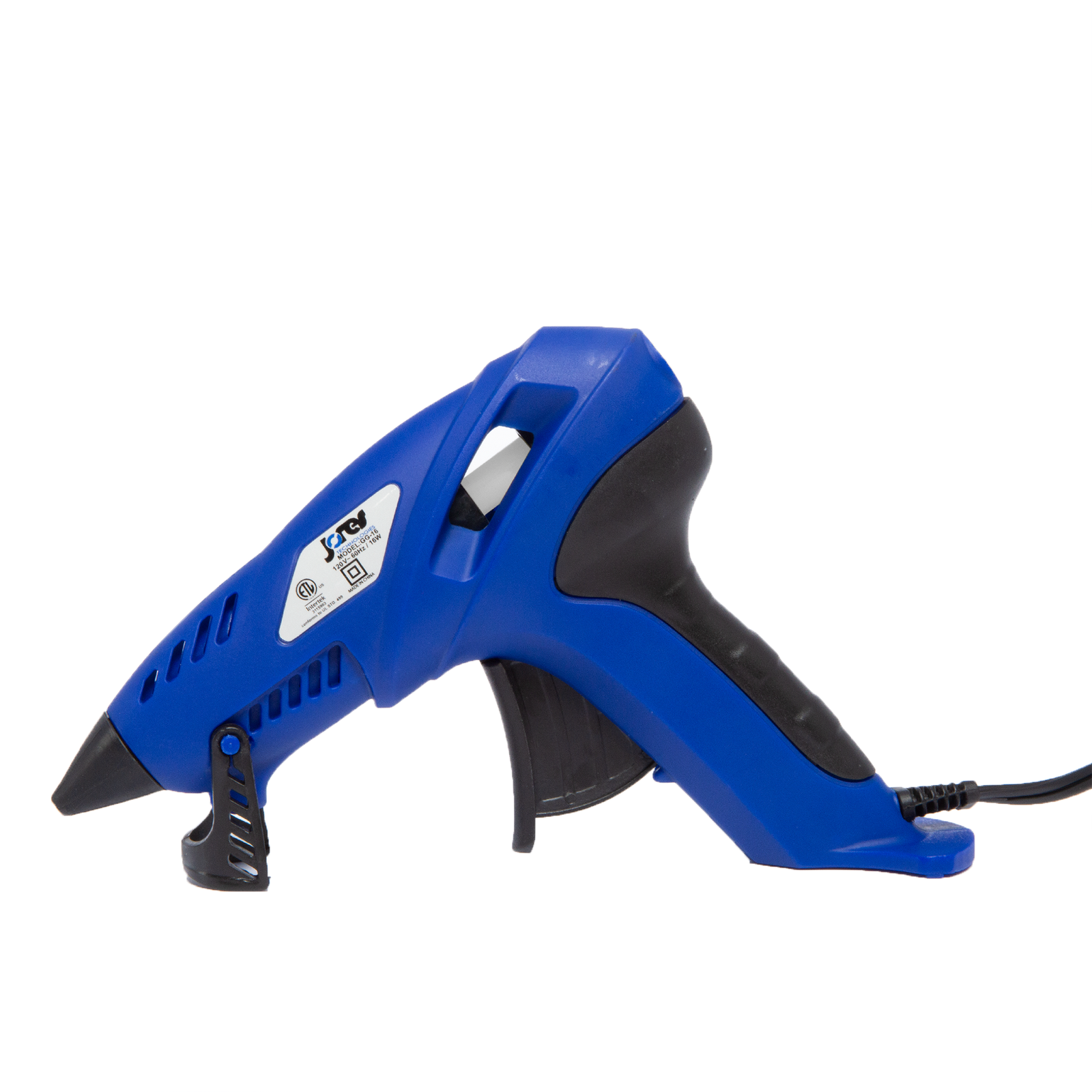 blue and black glue gun standing up right on black retractable stand