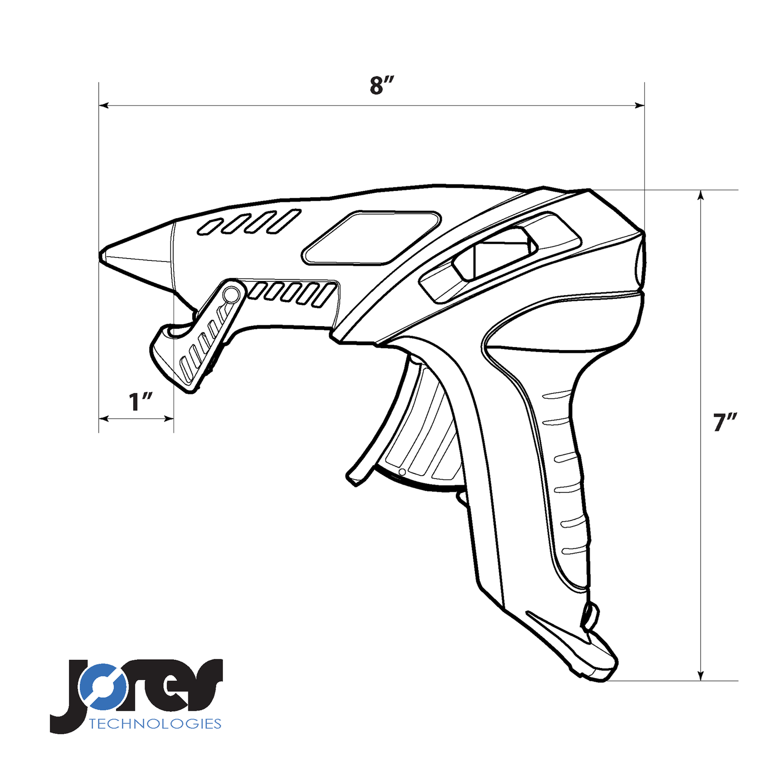 black and white Infographic of a glue gun sketch showing measurements with jores technologies logo on bottom left 8 x 7 inches