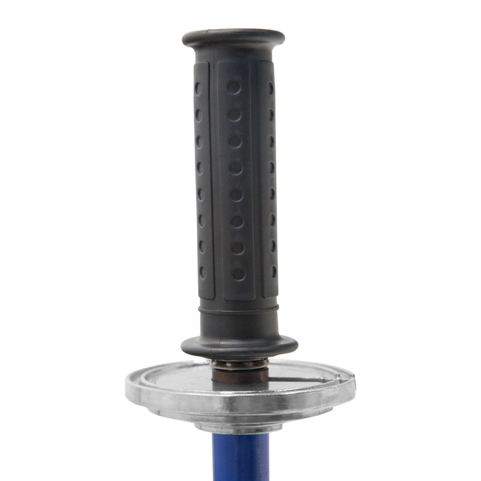 close up of black texturized handle on blue hand held pallet stretch wrapper