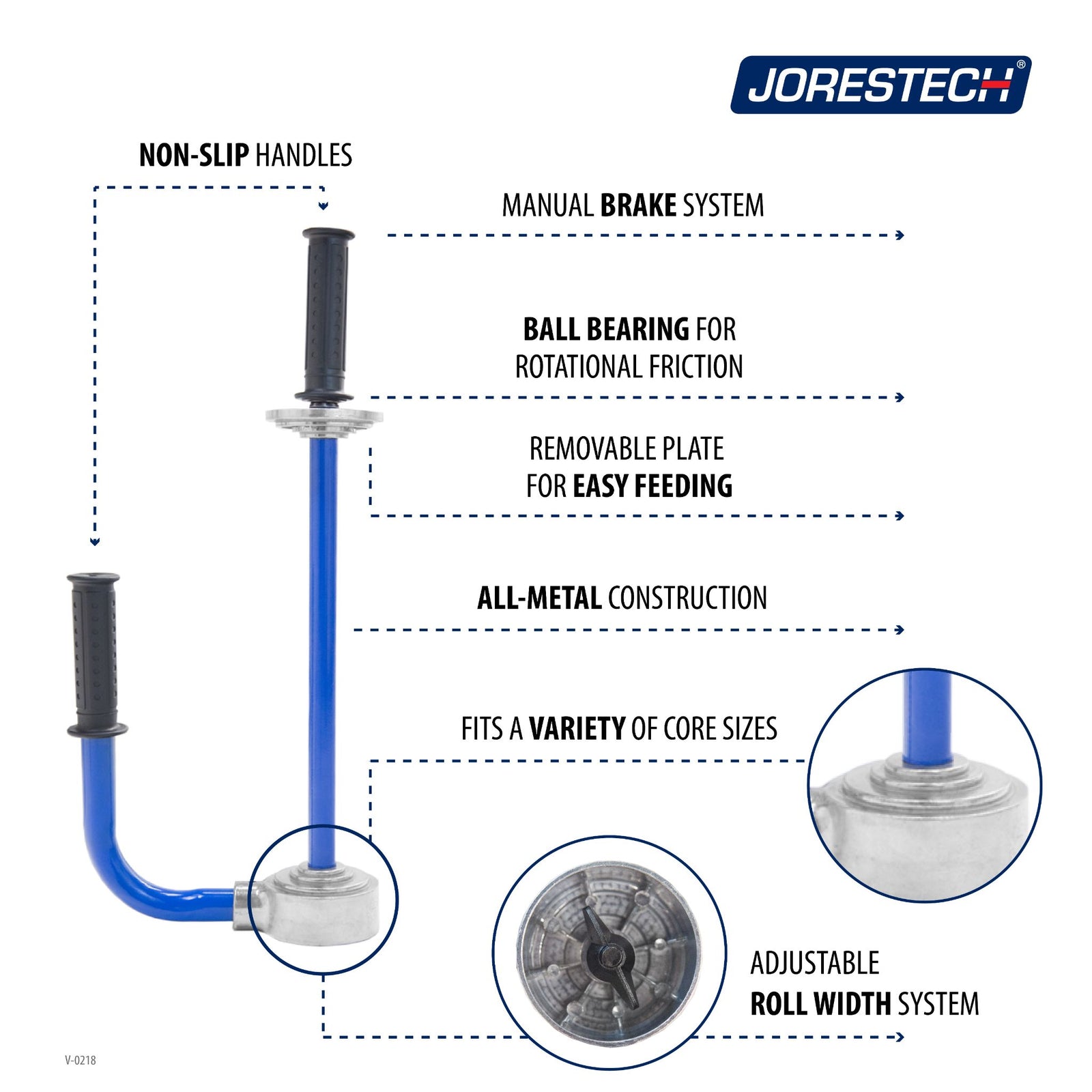 Parts of hand held pallet  stretch wrapper. Highlighted features include: non-slip handles, manual brake system, ball bearing for rotational friction, removable plate for easy feeding, all-metal construction, fits a variety of core sizes, and adjustable roll width system