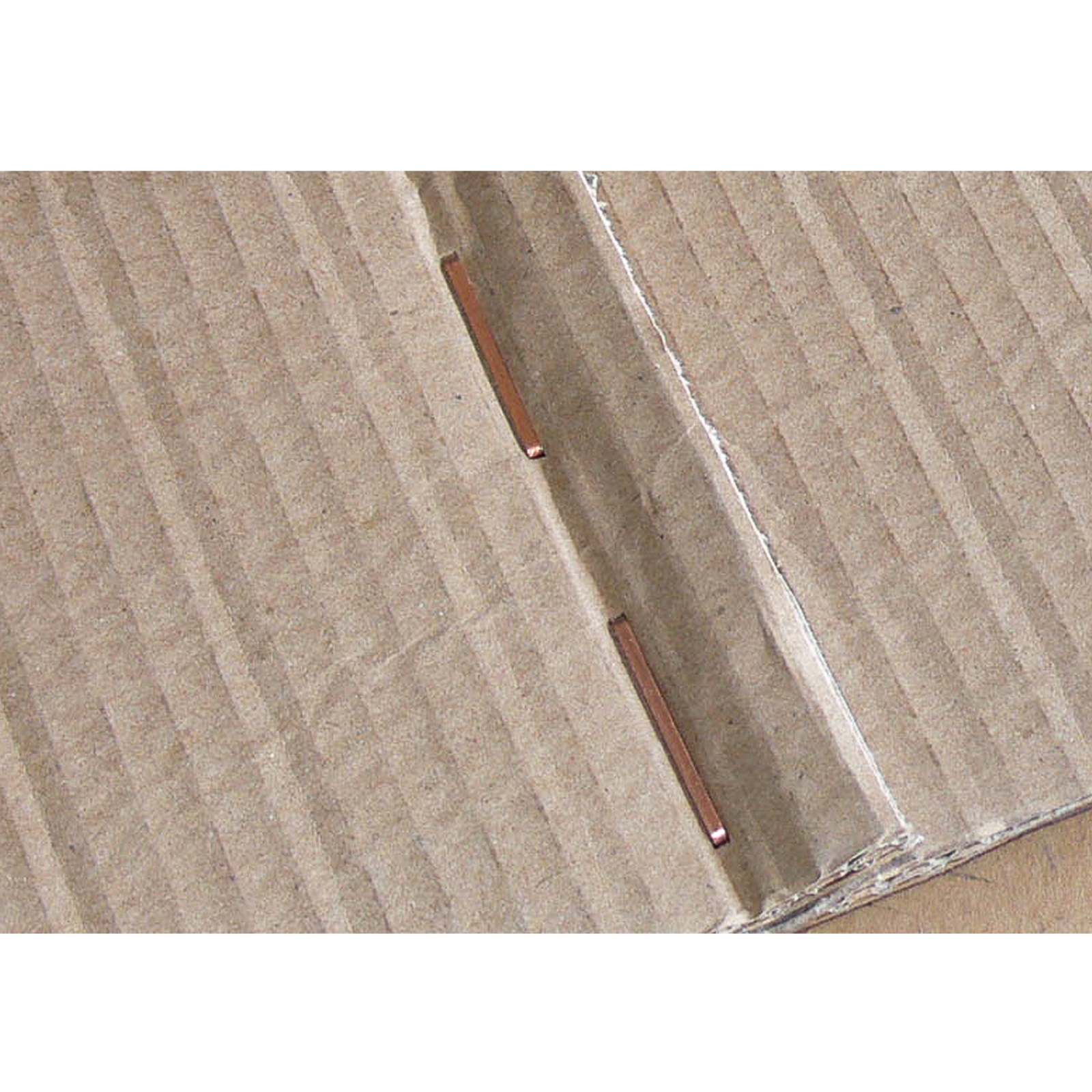 copper colored staple in cardboard
