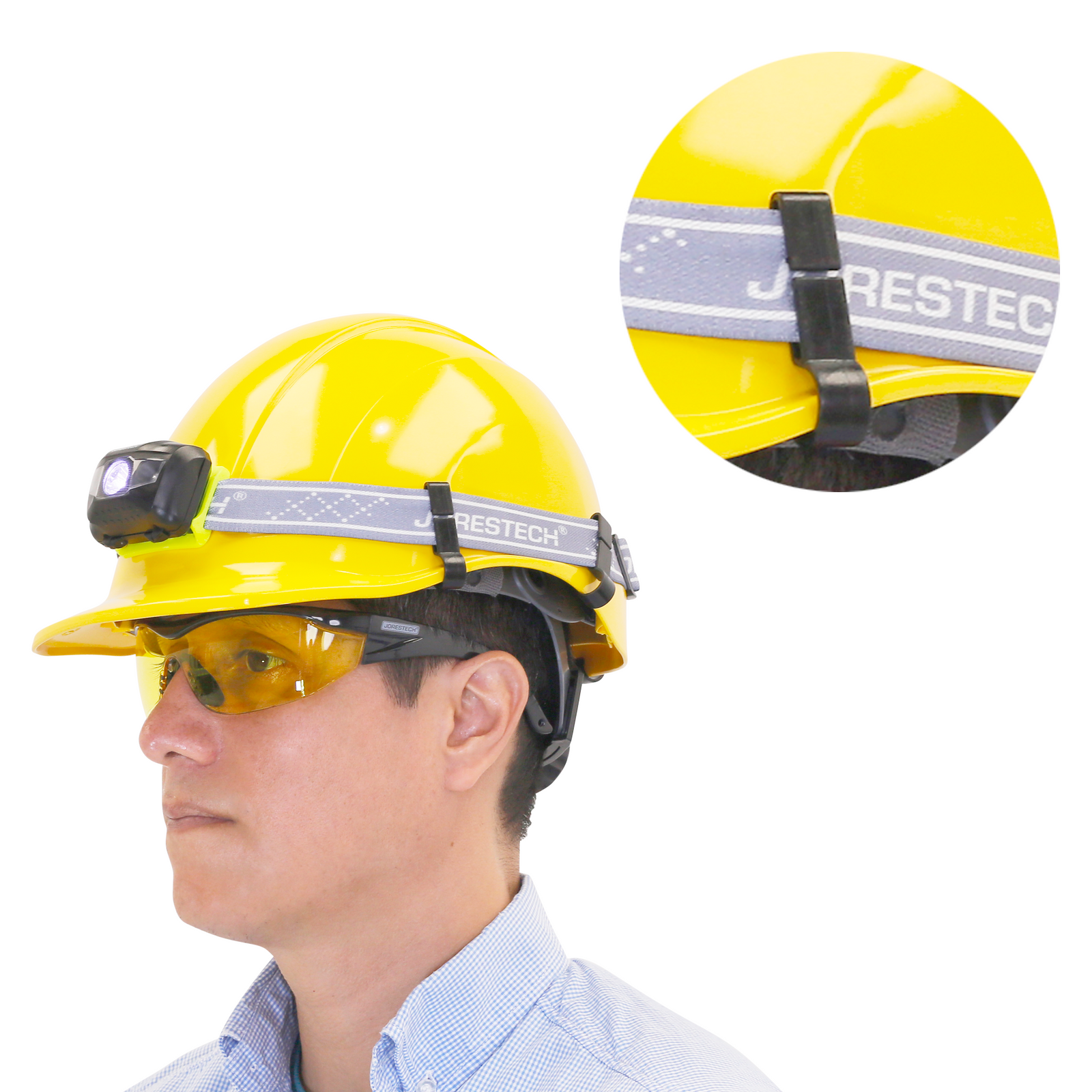 Worker wearing a yellow cap style hard hat with a black headlamp attached to the helmet with 5 hard hat headlamp clips